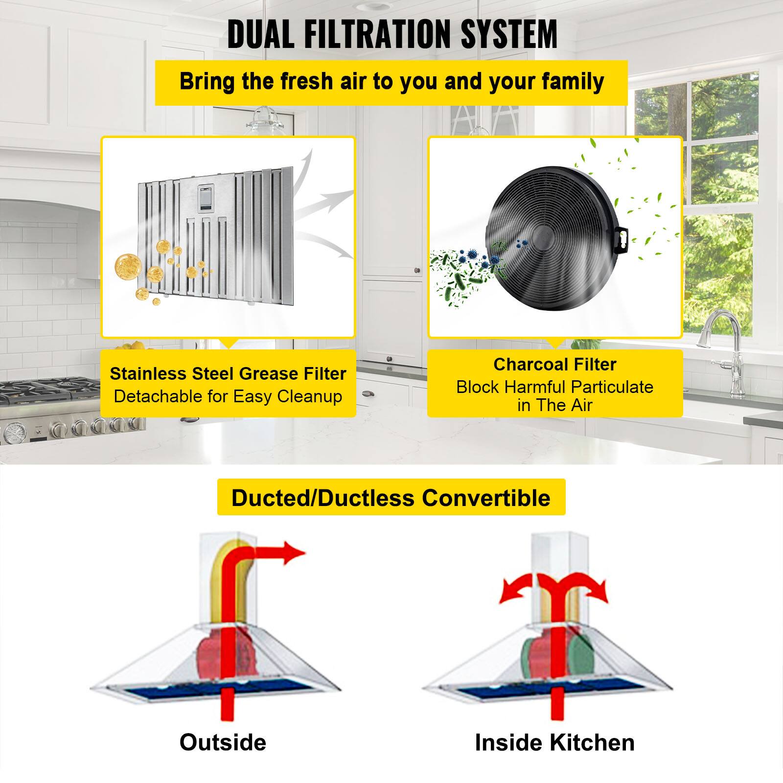 DUAL FILTRATION SYSTEM  
Bring the fresh air to you and your family

Stainless Steel Grease Filter  
Detachable for Easy Cleanup

Charcoal Filter  
Block Harmful Particulate in The Air

Ducted/Ductless Convertible

Outside

Inside Kitchen