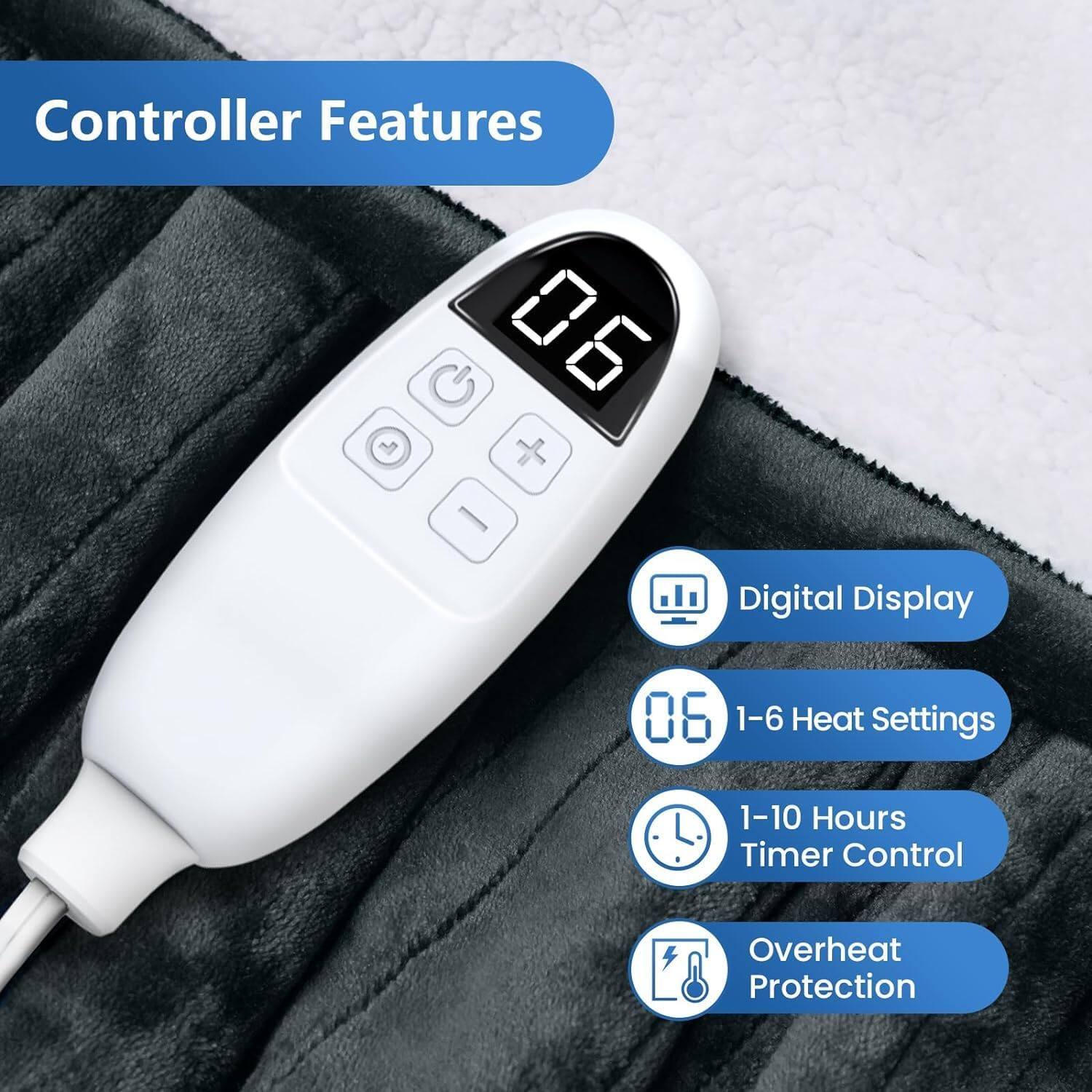 Controller Features  
- Digital Display  
- 1-6 Heat Settings  
- 1-10 Hours Timer Control  
- Overheat Protection