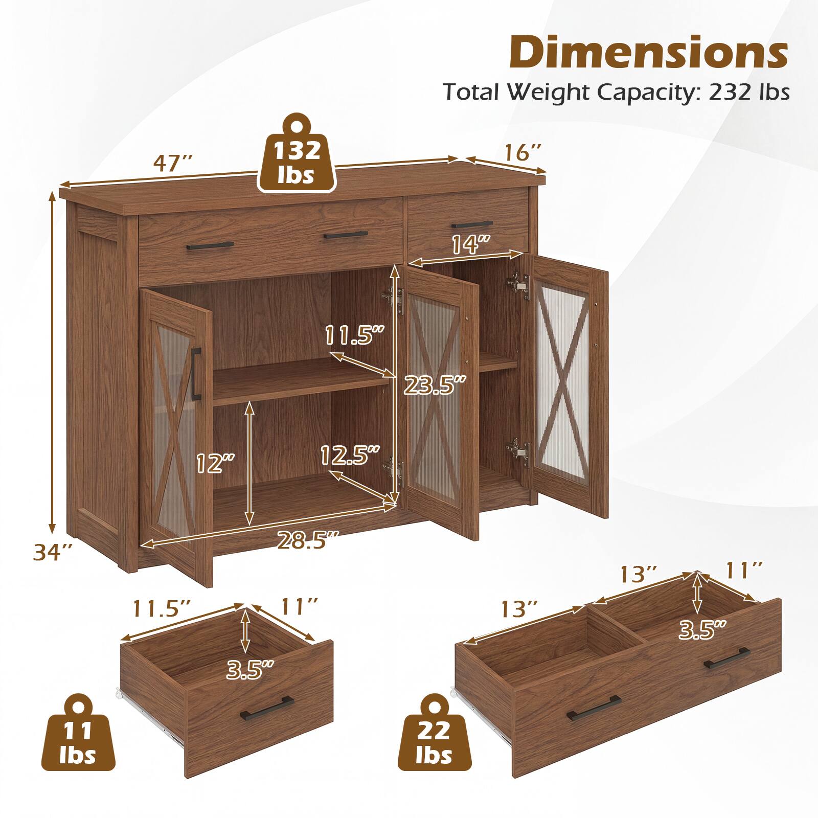 Dimensions  
Total Weight Capacity: 232 lbs  

- 47"  
- 16"  
- 14"  
- 34"  
- 11.5"  
- 23.5"  
- 12"  
- 12.5"  
- 28.5"  
- 11"  
- 3.5"  
- 13"  
- 11"  
- 3.5"  

Weight Capacities:  
- 132 lbs  
- 11 lbs  
- 22 lbs