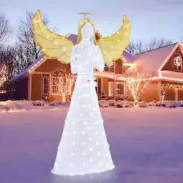 Costway - 5 ft Festive Pre-Lit Angel with Halo Wings & 150 LED Lights Zip Ties Ground Stakes Advent Calendar - White