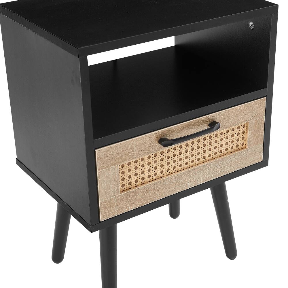 Alt View 10. Loheer - Loheer Black Rattan End Table Modern Nightstand with Drawer - Black.
