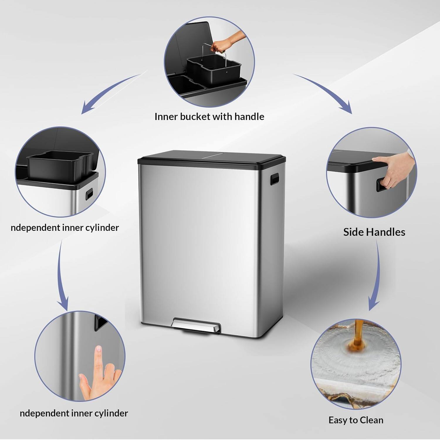 - Inner bucket with handle
- Independent inner cylinder
- Side Handles
- Independent inner cylinder
- Easy to Clean