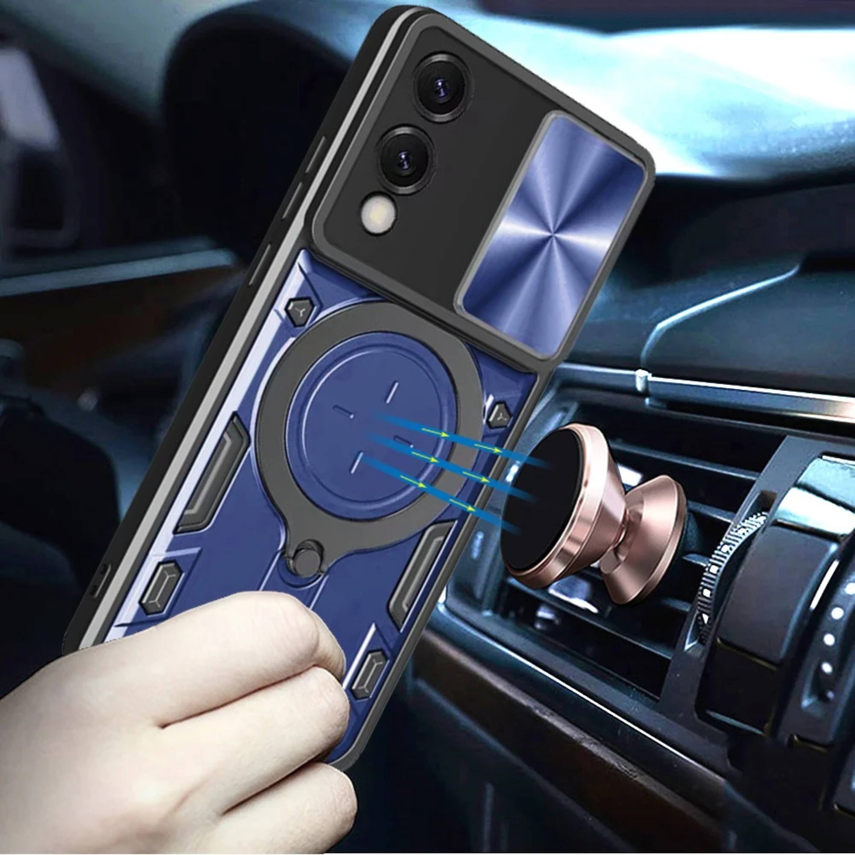 Left. Kitcheniva - Hybrid Magnetic Ring Stand Phone Case With Camera Protection And Tempered Glass For Samsung S25 Edge Blue - Blue.