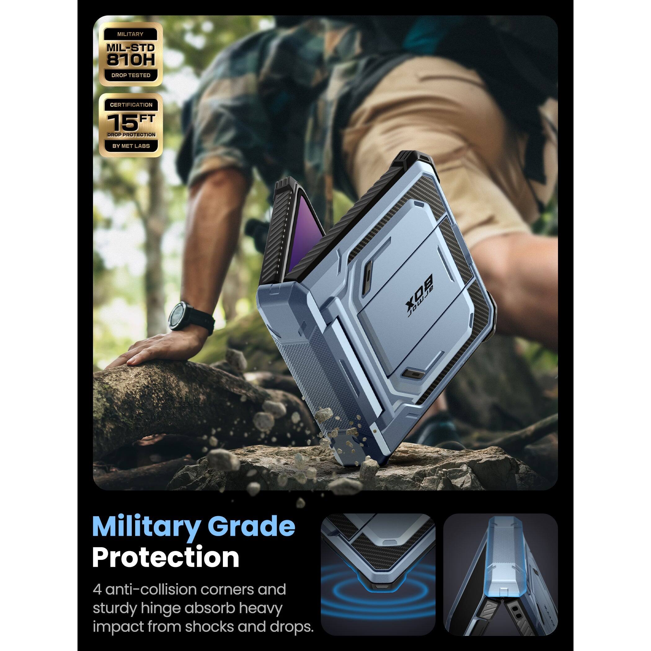 MILITARY  
MIL-STD 810H  
DROP TESTED  

CERTIFICATION  
15 FT  
DROP PROTECTION  
BY MET LABS  

Military Grade Protection  
4 anti-collision corners and sturdy hinge absorb heavy impact from shocks and drops.