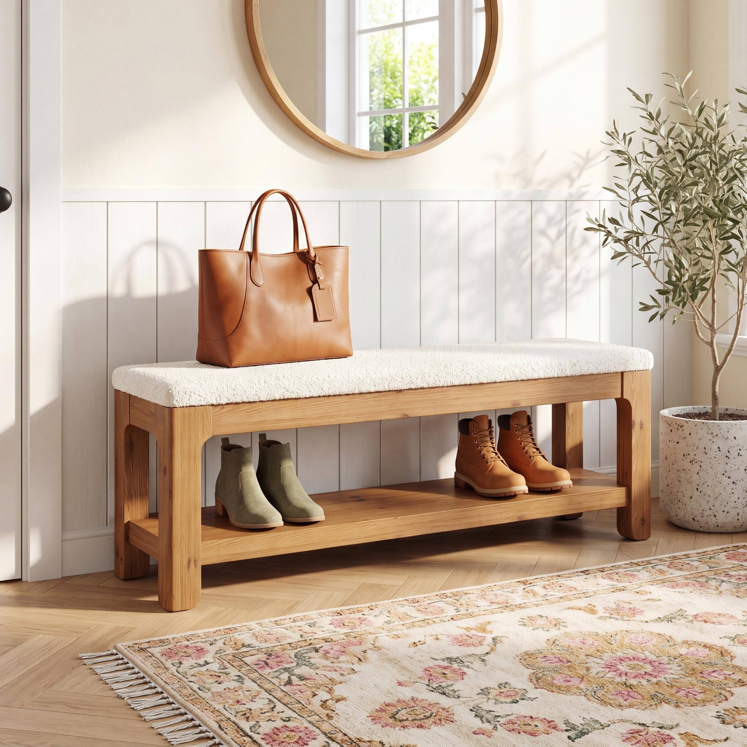 Alt View 2. Tribesigns - Solid Wood 55" Dining Bench with Cushion and Sturdy Frame - White & Brown.