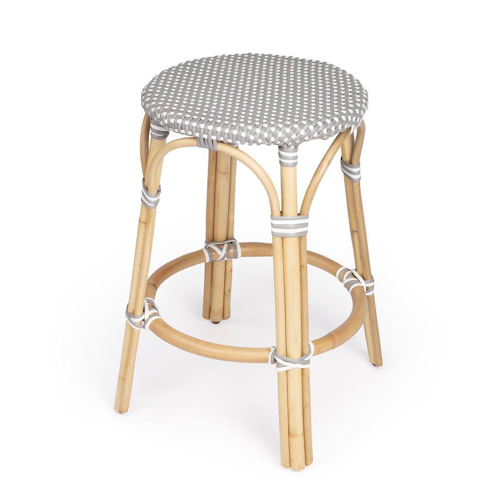 Alt View 2. Butler Specialty - Tobias Rattan Round 24" Counter Stool - Gray And White Dot.