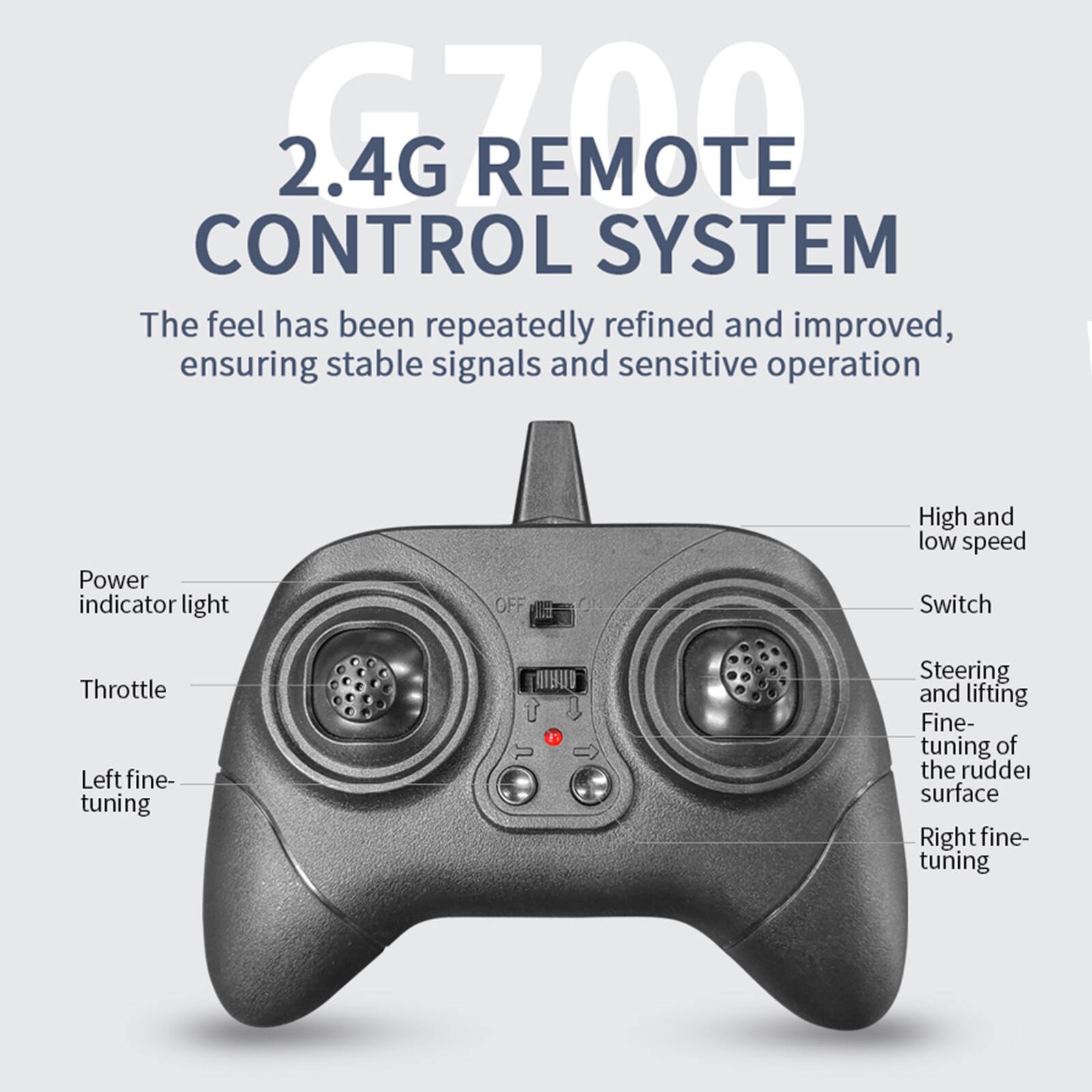 2.4G G700 REMOTE CONTROL SYSTEM

The feel has been repeatedly refined and improved, ensuring stable signals and sensitive operation

- Power indicator light
- Throttle
- Left fine-tuning
- High and low speed Switch
- Steering and lifting Fine-tuning of the rudder surface
- Right fine-tuning
