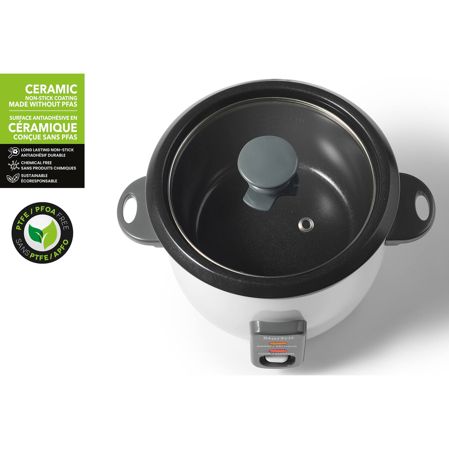CERAMIC NON-STICK COATING MADE WITHOUT PFAS  
SURFACE ANTIADHÉSIVE EN CÉRAMIQUE CONÇUE SANS PFAS  

LONG LASTING NON-STICK ANTIADHÉSIVE DURABLE  
LONGUE DURÉE NON ADHÉSIVE  

CHEMICAL FREE  
SANS PRODUITS CHIMIQUES  

ECO-FRIENDLY SUSTAINABLE  
ECOLOGIQUE RESPONSABLE  

PFOA / PTFE FREE  
SANS PFOA / PTFE  

Start Ris E-8C0
