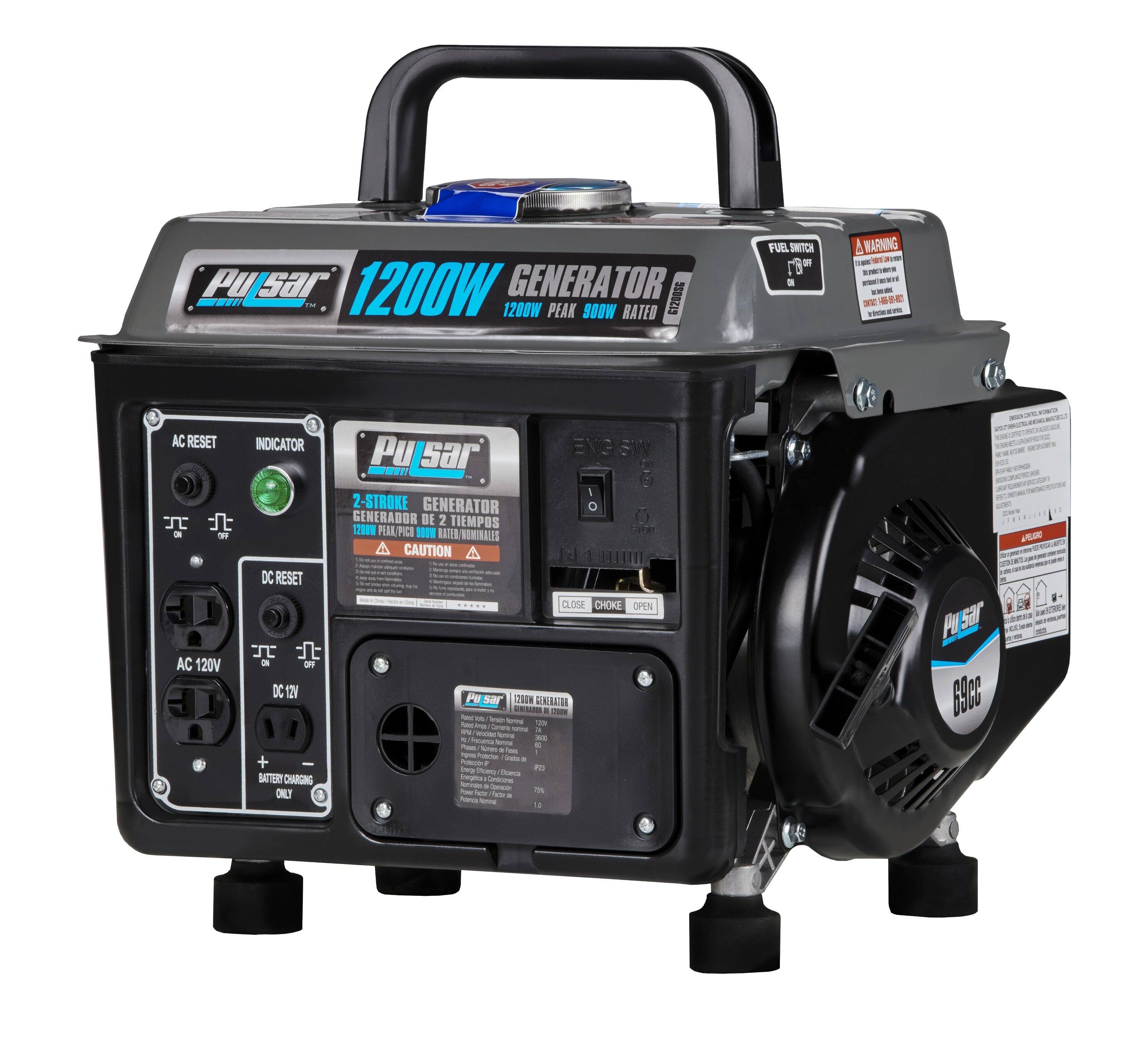 Pulsar 1200W GENERATOR EC2ORSE  
- 1200W PEAK SOOW RATED FULL SINCH  
- AC RESET  
- INDICATOR  
- AC 120V  
- DC RESET  
- DC 12V  
- BATTERY CHARGING ONLY  
- 2-STROKE GENERATOR  
- GENERADOR DE 2 TIEMPOS  
- 1200W PEAK/PICO  
- 900W RATED/NOMINAL  
- CAUTION  
- CLOSE CHOKE OPEN  
- FUEL SWITCH  
- WARNING  
- AC 120V  
- DC 12V  
- BATTERY CHARGING ONLY  
- 69CC