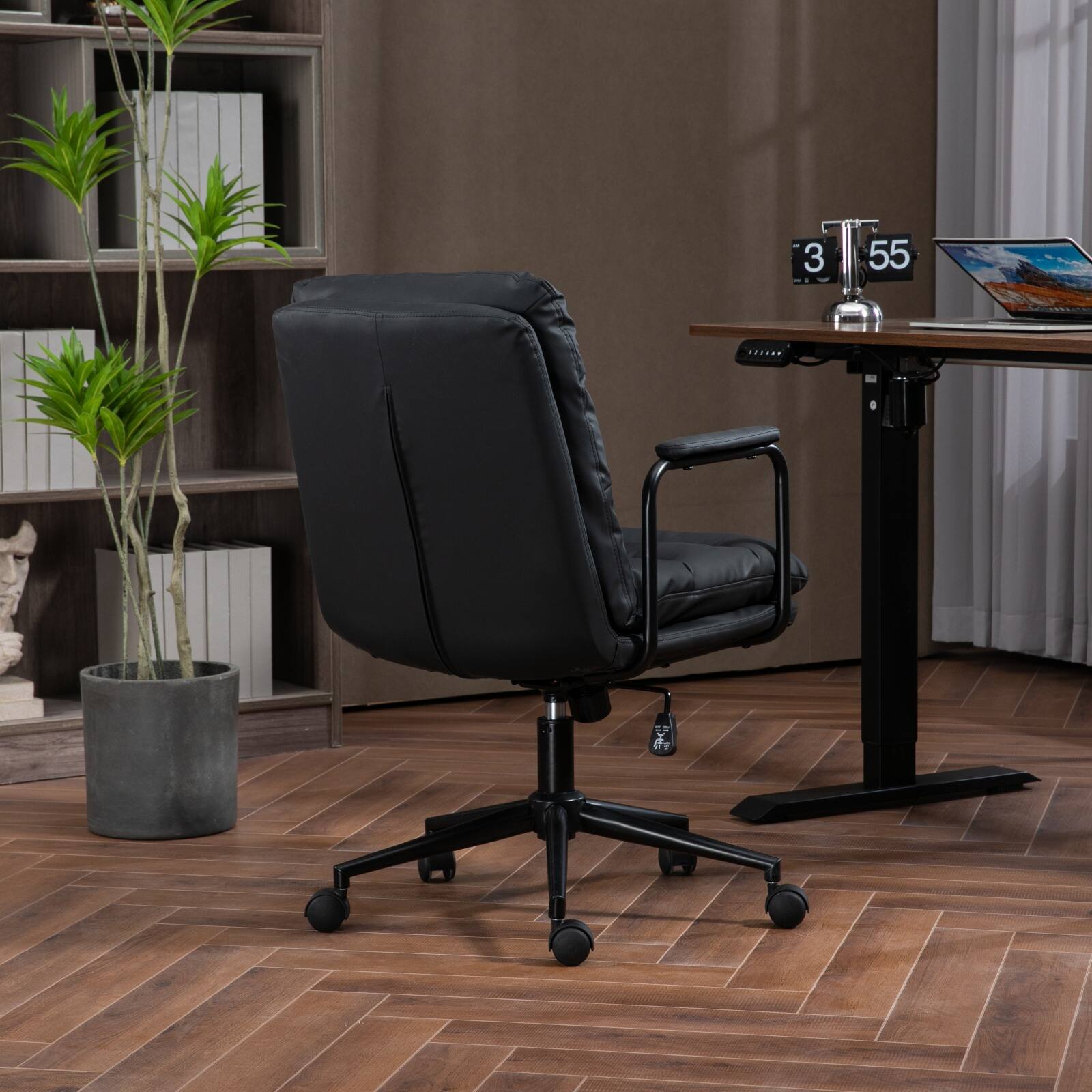 Back. Forest'nSky - Ergonomic Mid-Back Office Chair - PU Leather Desk Chair with 40° Recline & Wheels,Black - Black.