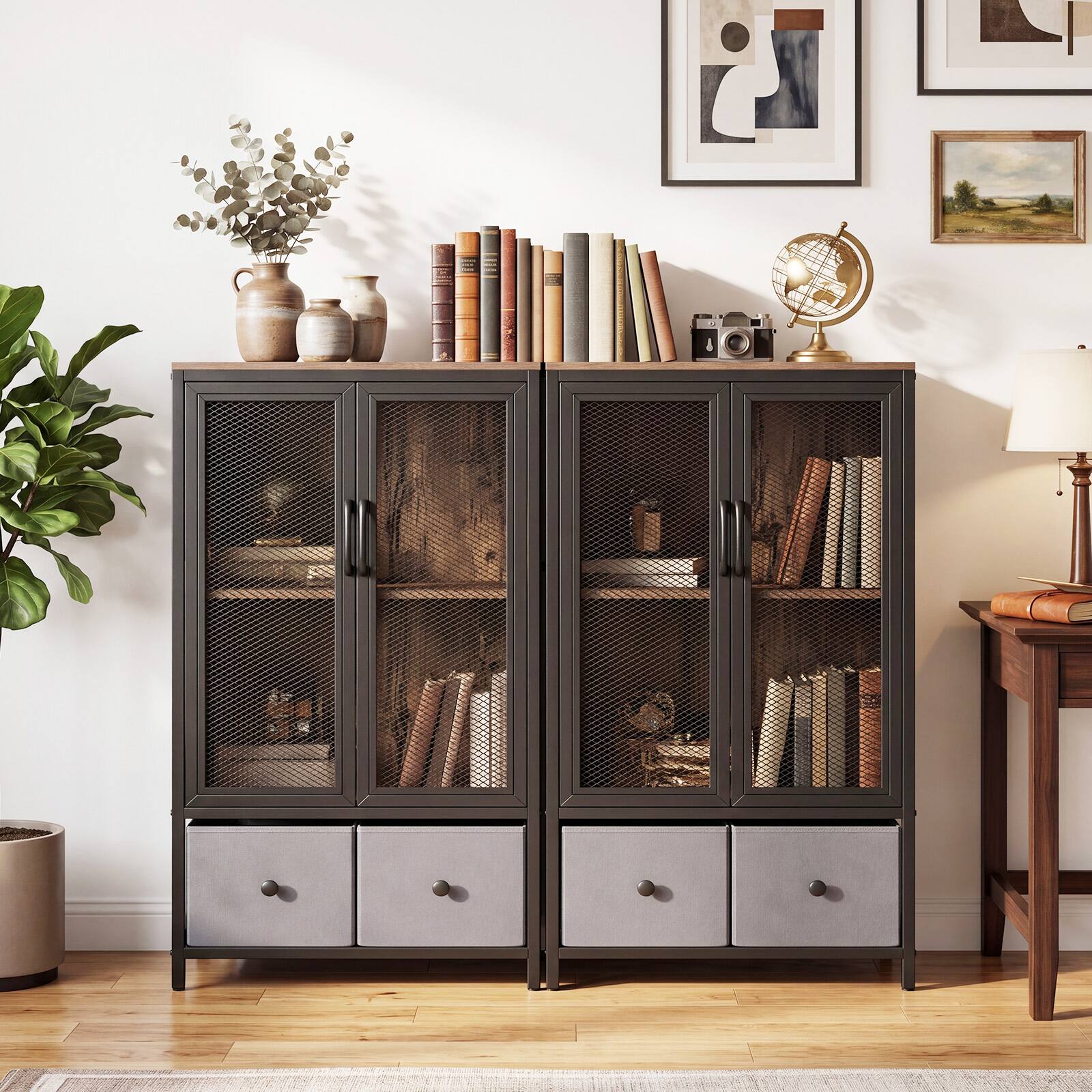 Alt View 4. Costway - Costway Industrial Coffee Bar Cabinet, Farmhouse Cabinet with 2-Tier Storage Compartment - Rustic Brown + Black.