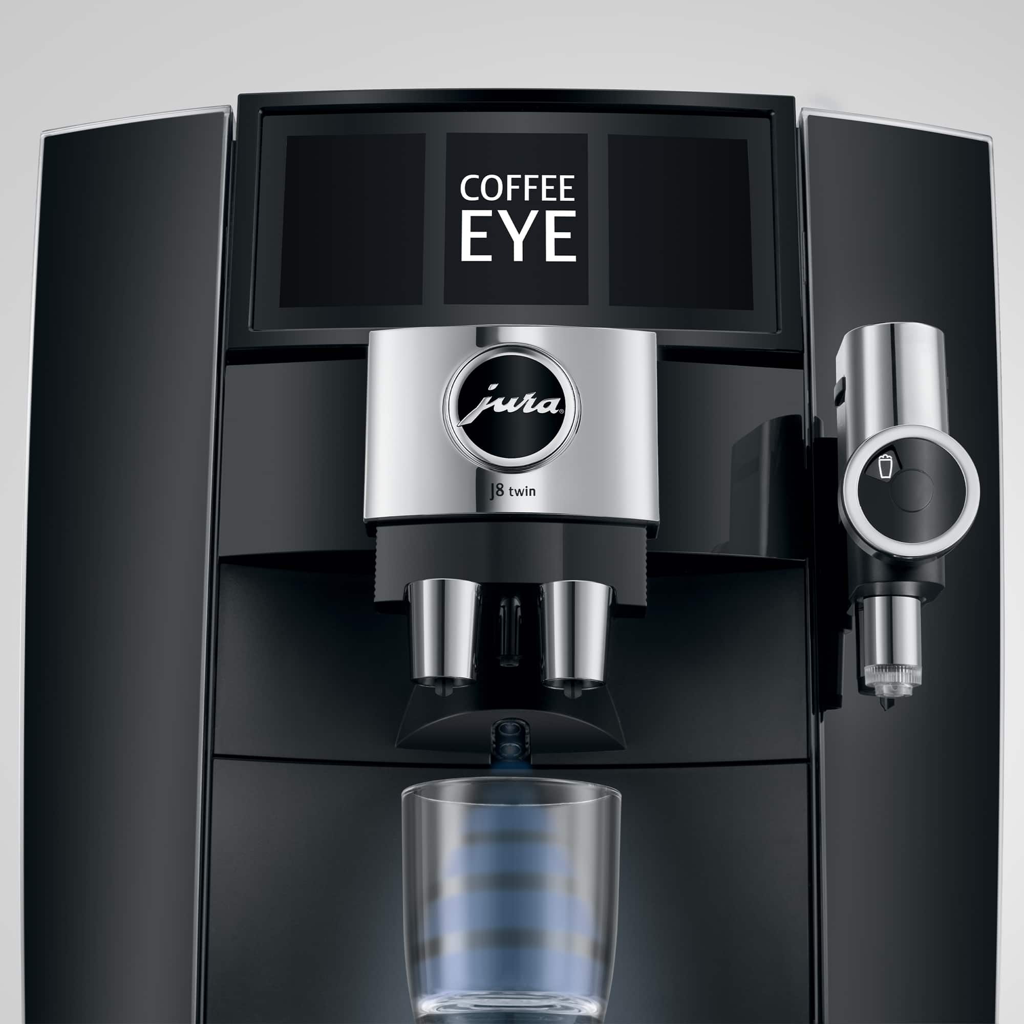 The text on the image reads "COFFEE EYE jura 8 twin." This is a description of a coffee machine, likely a Jura brand, which features a twin coffee system. The machine is designed to make coffee and espresso drinks, providing a convenient and efficient way to enjoy a hot beverage.