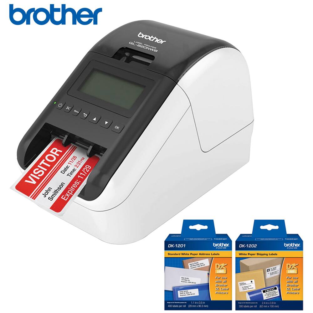 brother

VISITOR
Date: 11/28
Time: 2:31PM
Expires: Y
OK
DK-1201
John Smithson

brother
DK-1201
Standard White Paper Address Labels
For use with all Brother OE Label Printers

brother
DK-1202
White Paper Shipping Labels
For use with all Brother OE Label Printers