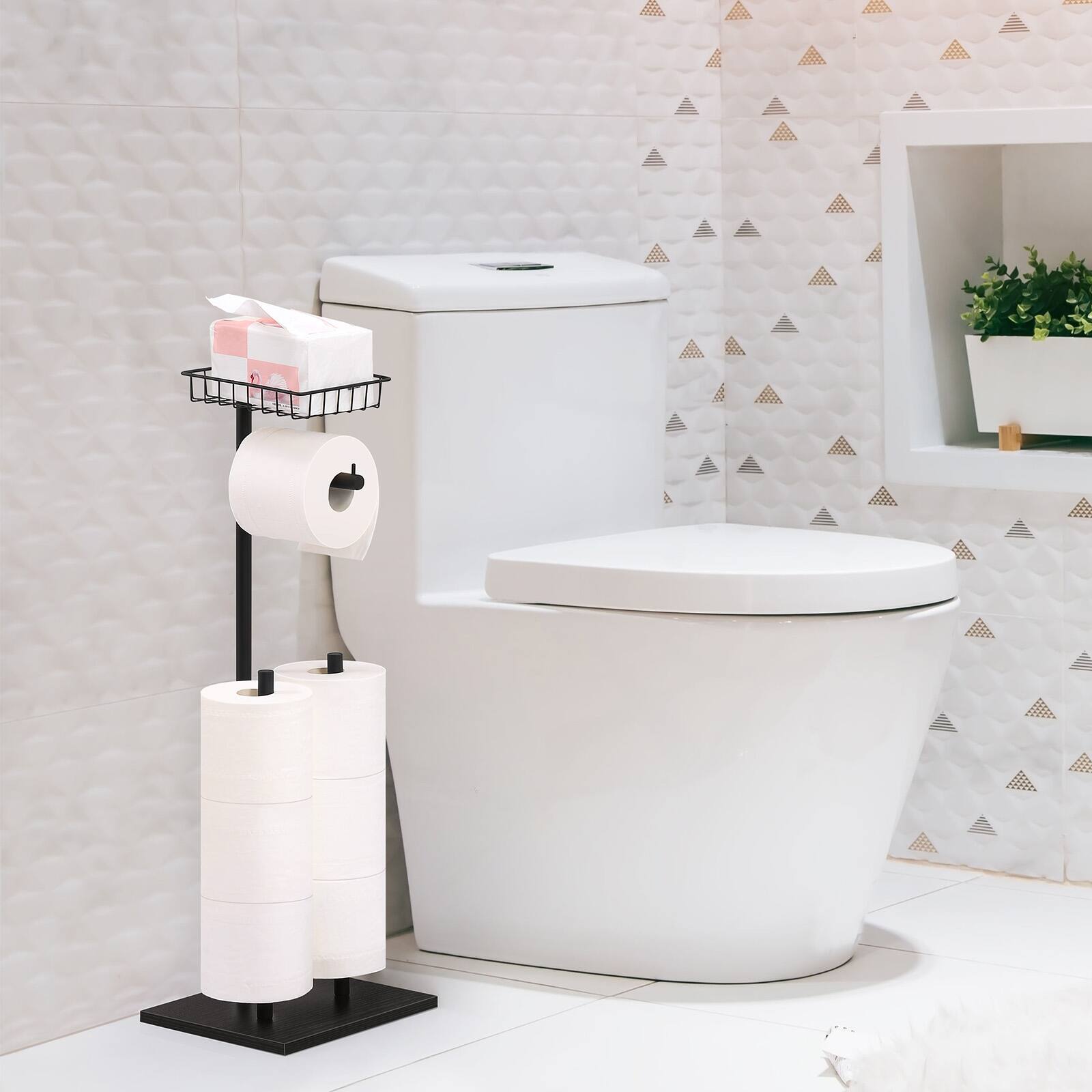 Alt View 2. Oumilen - Freestanding Toilet Paper Holder with Storage Basket – 2-Pack Black Dual Spare Roll Organizer.