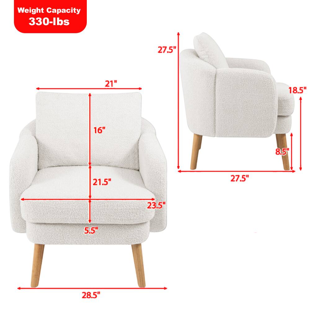 Weight Capacity: 330-lbs

Dimensions:
- Height: 27.5"
- Width: 28.5"
- Depth: 23.5"
- Seat Height: 16"
- Seat Depth: 21.5"
- Arm Height: 21"
- Arm Width: 18.5"
- Back Height: 27.5"
- Leg Height: 5.5"
- Leg Width: 8.5"