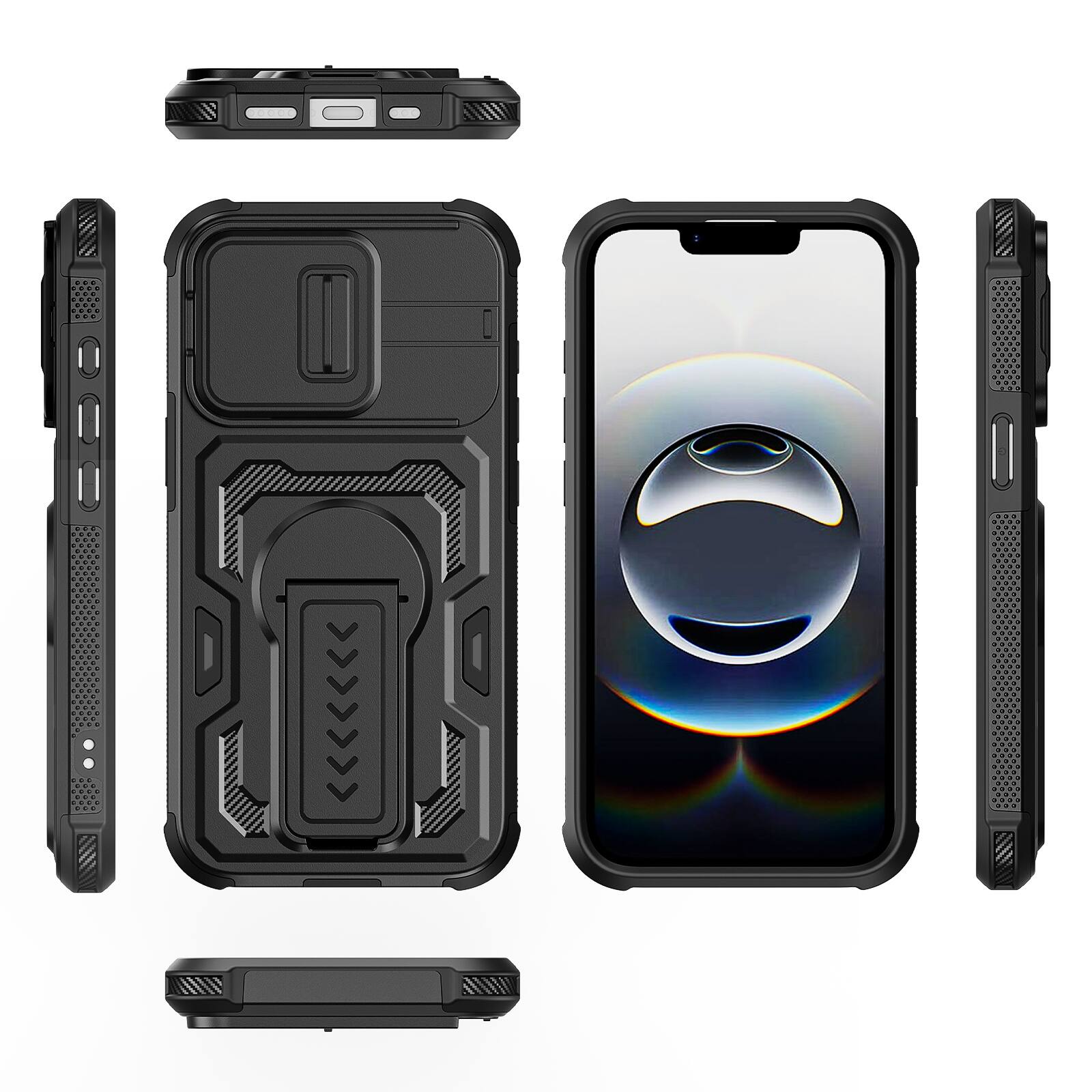 Alt View 4. Dteck - Rugged Stand Case for Apple iPhone 17e / 16e,Shockproof Heavy Duty Cover With Sliding Lens Cover+Tempered Glass Flim - Black.