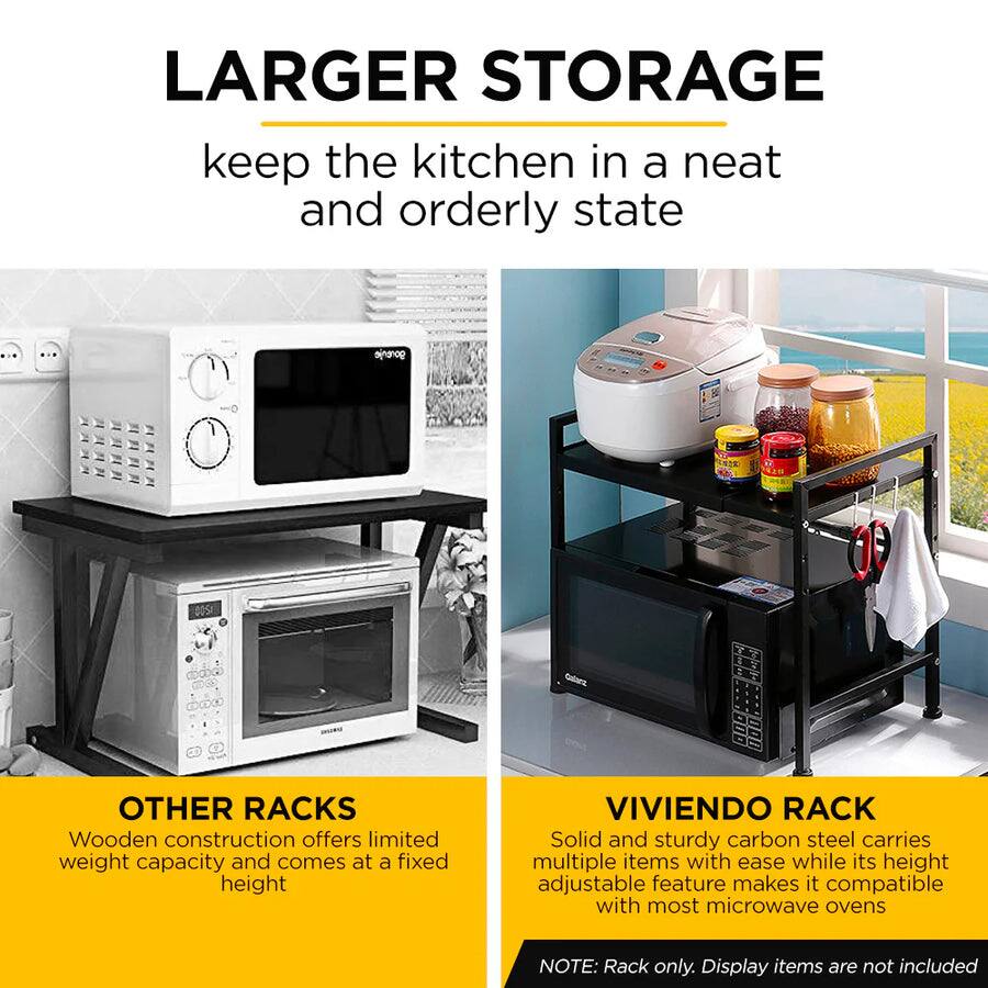 LARGER STORAGE  
keep the kitchen in a neat and orderly state  

OTHER RACKS  
Wooden construction offers limited weight capacity and comes at a fixed height  

VIVIENDO RACK  
Solid and sturdy carbon steel carries multiple items with ease while its height adjustable feature makes it compatible with most microwave ovens  

NOTE: Rack only. Display items are not included