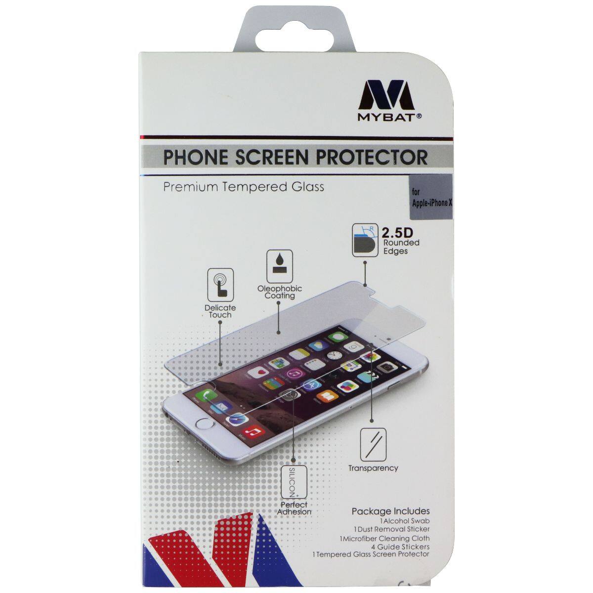 MYBAT PHONE SCREEN PROTECTOR Premium Tempered Glass for Apple-iPhone X 2.5D Rounded Edges Oleophobic Coating Delicate Touch A Transparency SILICON Perfect Adhesion Package Includes 1 Alcohol Swab 1 Dust Removal Sticker Microfiber Cleaning Cloth 4 Guide Stickers - Tempered Glass Screen Protector
