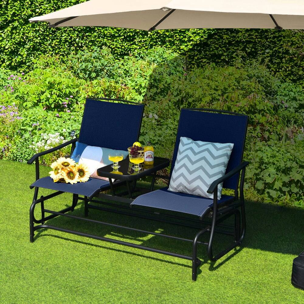 Back. Pefilos - 2-Person Double Rocking Loveseat with Mesh Fabric and Center Tempered Glass Table - Blue.