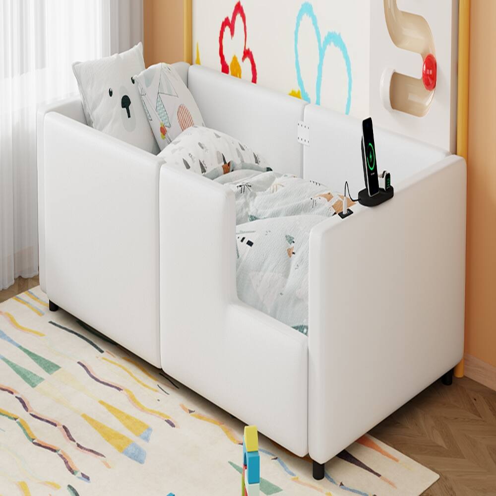 Alt View 6. Loheer - Loheer Twin Upholstered Platform Bed White Twin Bed with Guardrail and Charging Station - White.