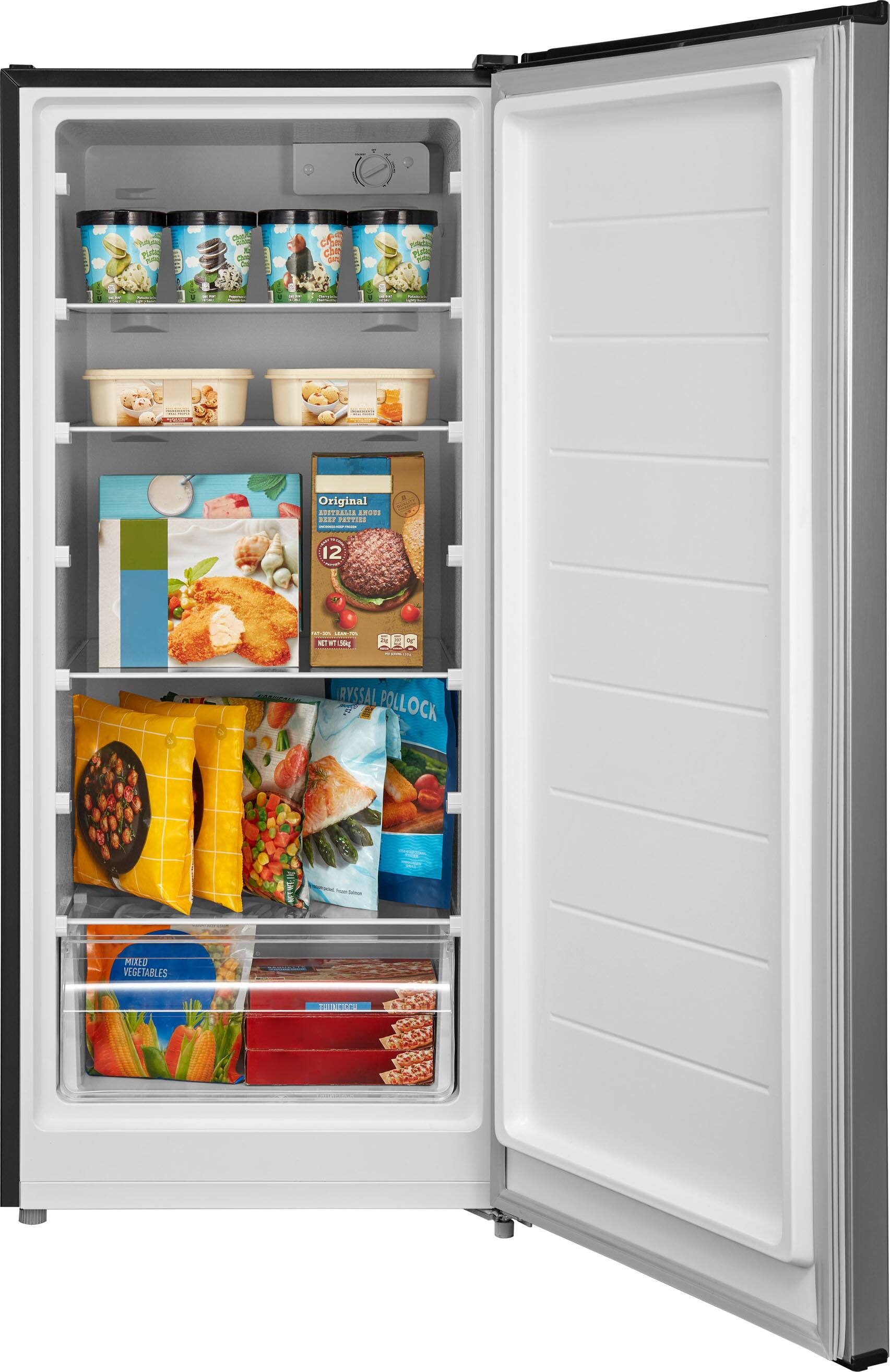 Sure, here is the corrected and grouped text from the image:

**Top Shelf:**
- "Pineapple Coconut"
- "Pineapple Coconut"
- "Pineapple Coconut"
- "Pineapple Coconut"

**Second Shelf:**
- "Original Beef Patties"
- "12"
- "NET WT 1 LB (16 OZ)"

**Third Shelf:**
- "Original Beef Patties"
- "12"
- "NET WT 1 LB (16 OZ)"

**Fourth Shelf:**
- "Ryssal Pollock"
- "Mixed Vegetables"

**Bottom Shelf:**
- "Mixed Vegetables"

**Door:**
- "Original Beef Patties"
- "12"
- "NET WT 1 LB (16 OZ)"
- "Ryssal Pollock"