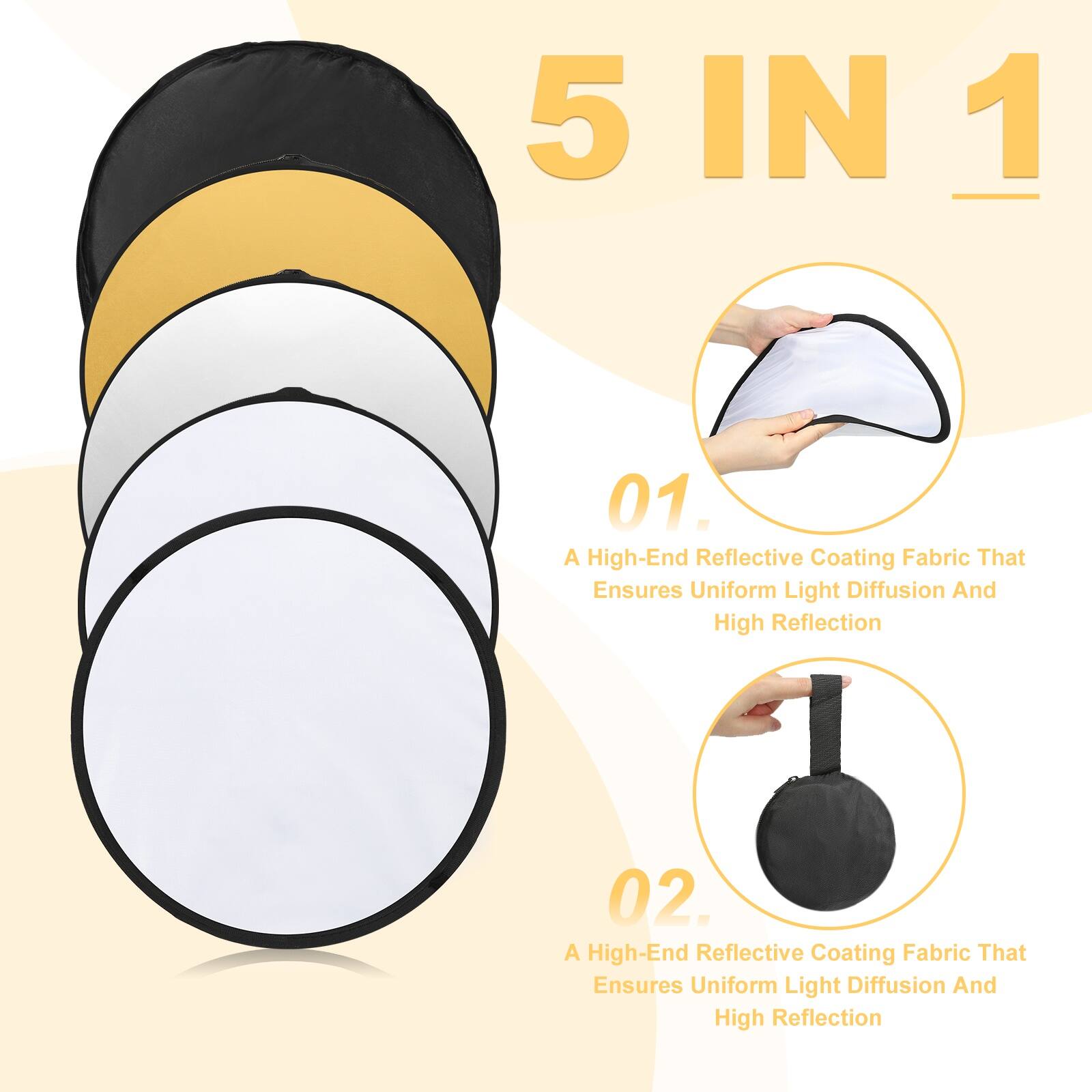 5 IN 1

01. A High-End Reflective Coating Fabric That Ensures Uniform Light Diffusion And High Reflection

02. A High-End Reflective Coating Fabric That Ensures Uniform Light Diffusion And High Reflection