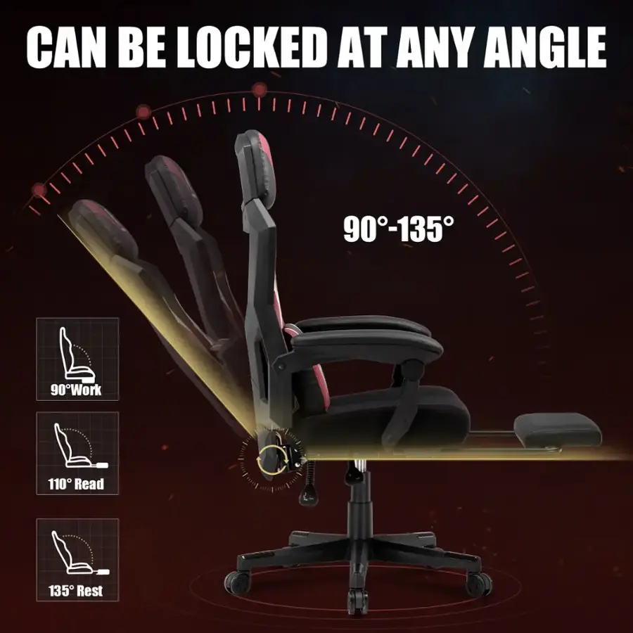 The text on the image reads: "Can be locked at any angle 90-135 90 Work 110 Read 135 Rest."