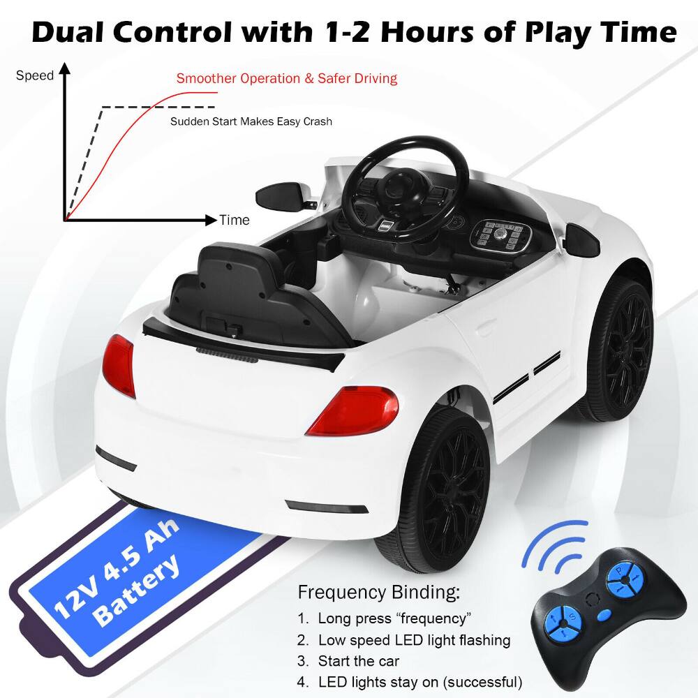 Dual Control with 1-2 Hours of Play Time

Smoother Operation & Safer Driving

Sudden Start Makes Easy Crash

12V 4.5 Ah Battery

Frequency Binding:
1. Long press "frequency"
2. Low speed LED light flashing
3. Start the car
4. LED lights stay on (successful)