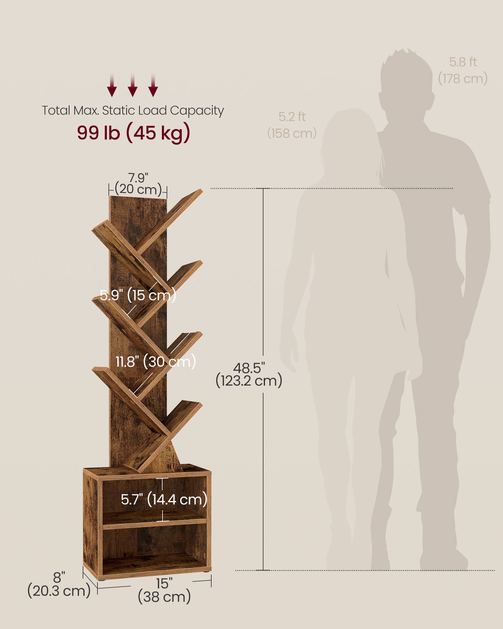 5.8 ft (178 cm)  
5.2 ft (158 cm)  
Total Max. Static Load Capacity: 99 lb (45 kg)  
7.9" (20 cm)  
5.9" (15 cm)  
11.8" (30 cm)  
48.5" (123.2 cm)  
5.7" (14.4 cm)  
8" (20.3 cm)  
15" (38 cm)