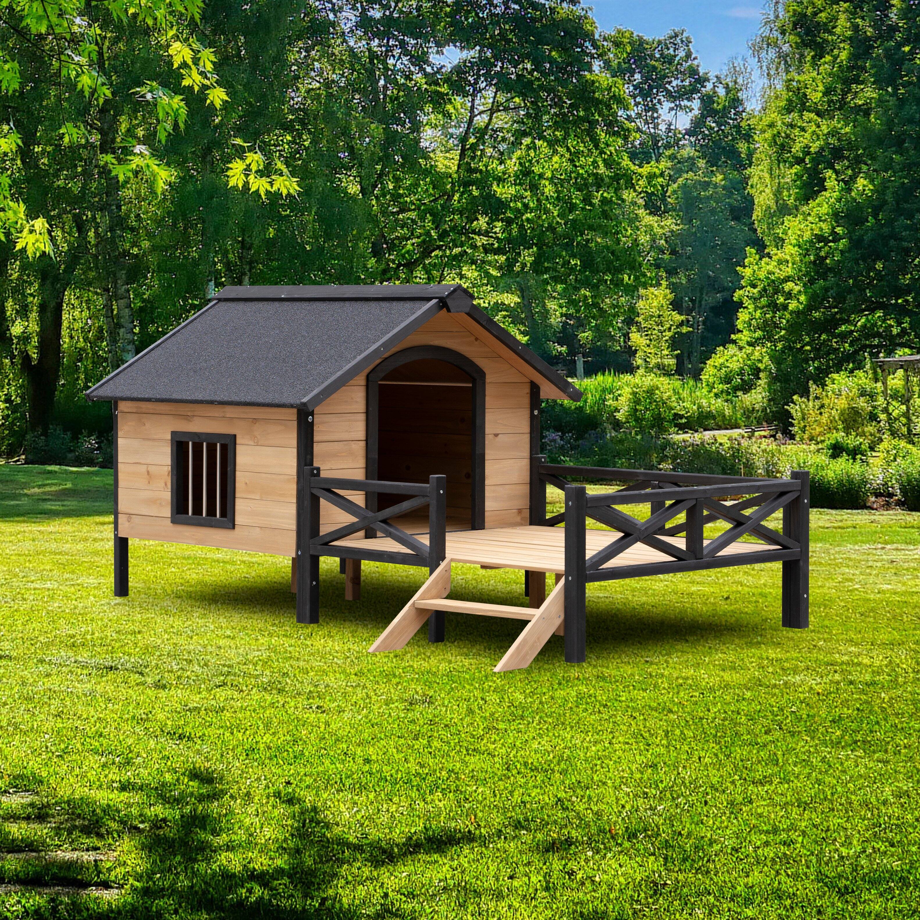 Angle. Siljoy - Outdoor Wooden Dog Kennel with Porch, Large Cabin‑Style House for Medium/Large Breeds up to 80 lbs.