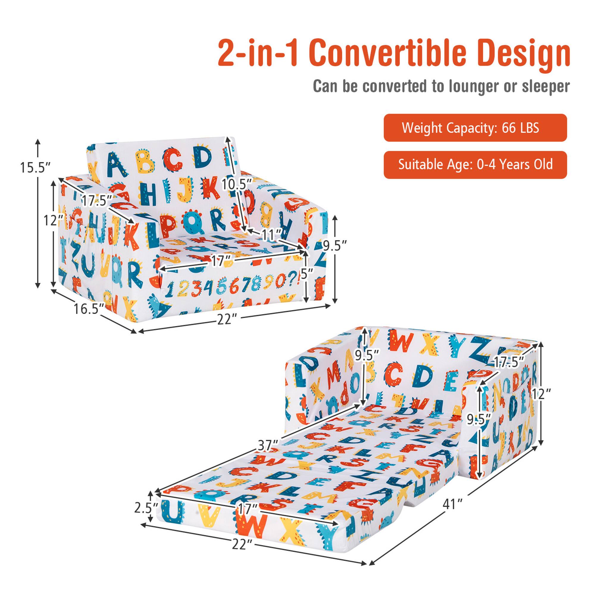 2-in-1 Convertible Design  
Can be converted to lounger or sleeper  

Weight Capacity: 66 LBS  
Suitable Age: 0-4 Years Old  

15.5"  
17.5"  
12"  
10.5"  
11"  
9.5"  
16.5"  
22"  
17"  
5"  
1234567890?  
16.5"  
22"  
37"  
2.5"  
17"  
41"  
22"  
17.5"  
12"  
9.5"  
41"
