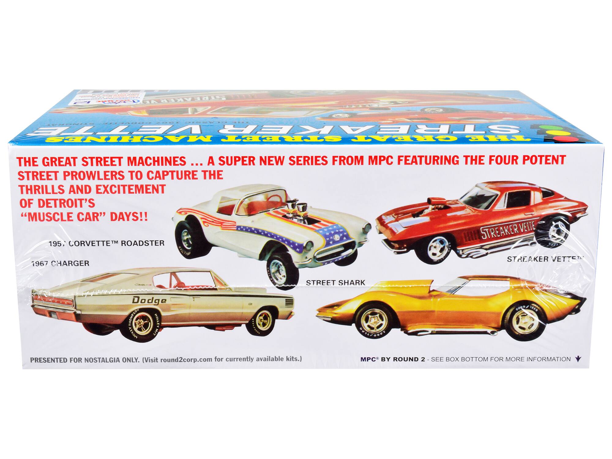 Sure, here is the corrected and grouped text from the image:

---

**THE GREAT STREET MACHINES ... A SUPER NEW SERIES FROM MPC FEATURING THE FOUR POTENT STREET PROWLERS TO CAPTURE THE THRILLS AND EXCITEMENT OF DETROIT'S "MUSCLE CAR" DAYS!!**

- **1955 CORVETTE™ ROADSTER**
- **1967 CHARGER**
- **STREET SHARK**
- **STREAKER VETTE™**

**PRESENTED FOR NOSTALGIA ONLY. (Visit round2corp.com for currently available kits.)**

**MPC® BY ROUND 2 - SEE BOX BOTTOM FOR MORE INFORMATION**

---

This text is organized to reflect the information presented on the box, including the models featured and additional details.