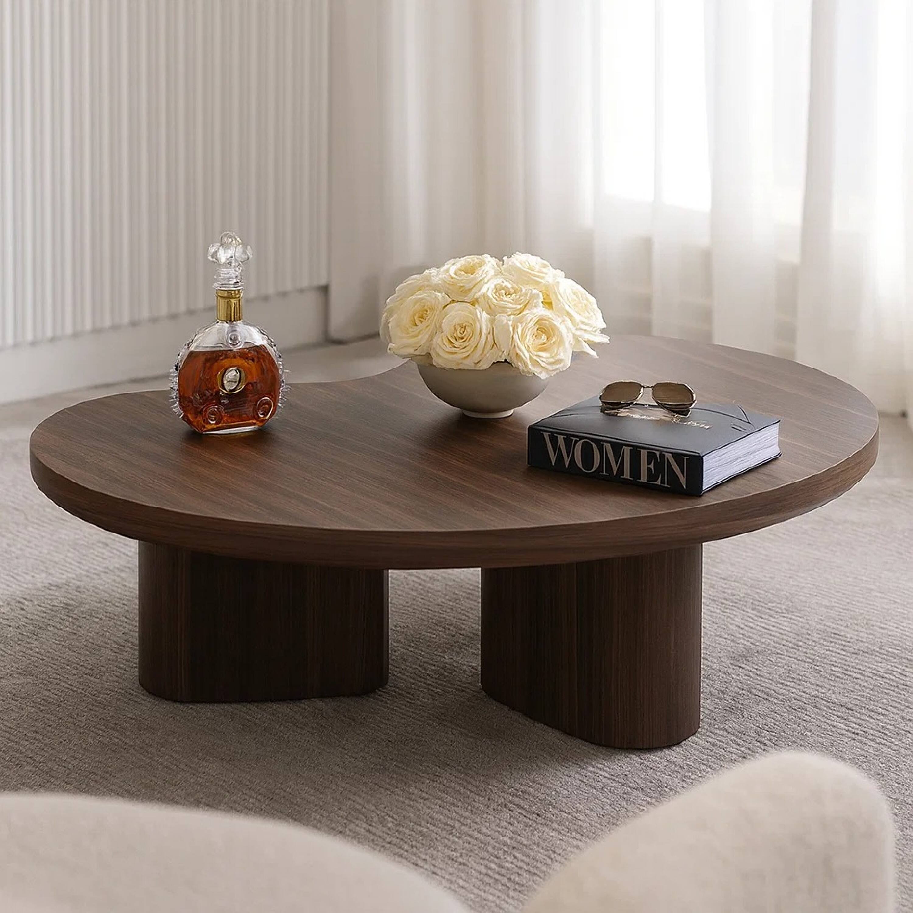 Alt View 5. Manhattan Lane - Yex Coffee Table, 35 Inch Curved Top with Pedestal Legs, Smoked Oak Brown - Smoked Oak Brown, Light Gray.