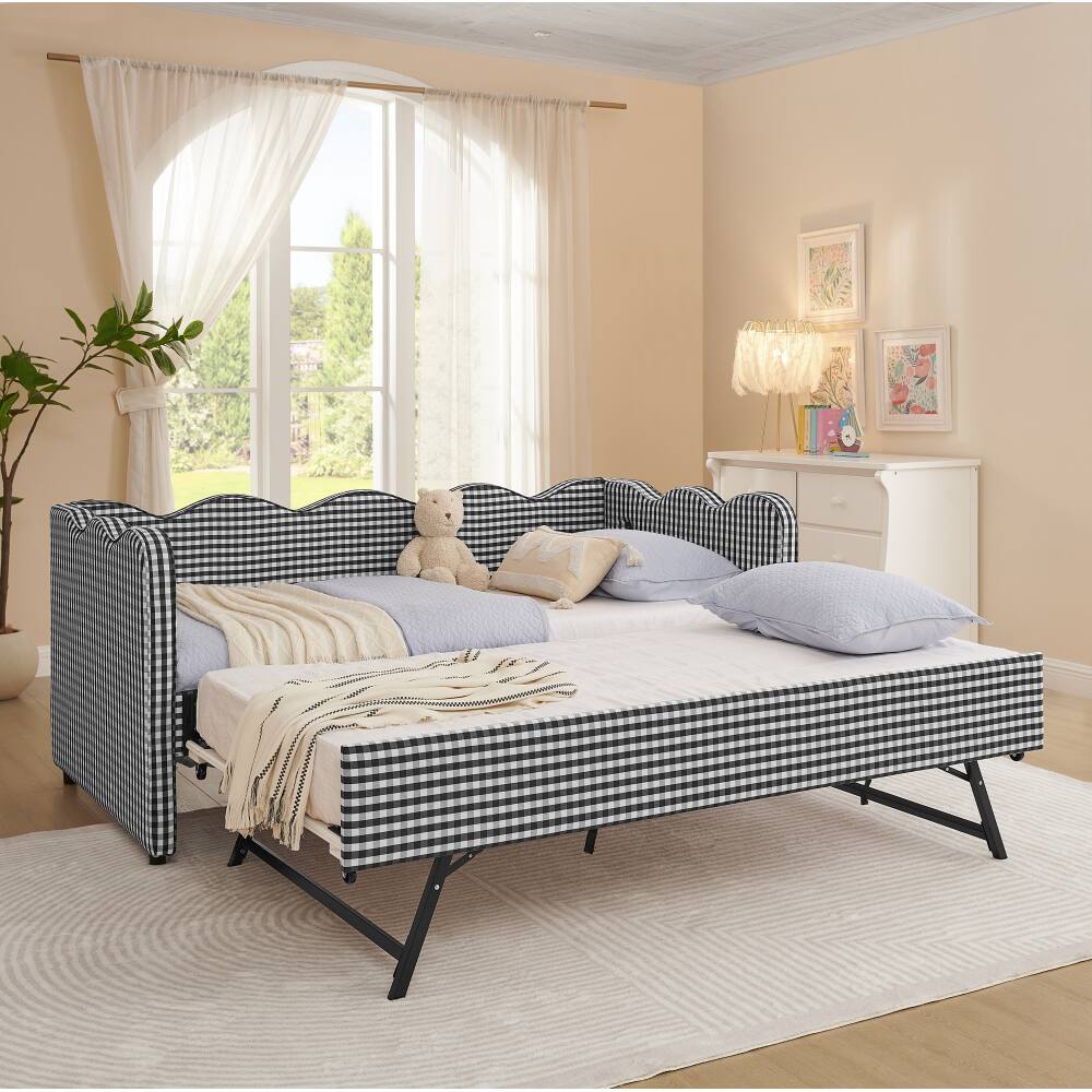 Angle. JUJABU - Black Cozy Gingham Daybed with Twin Size Trundle No Box Spring Needed, with USB Port and Adorable Wave Shaped - Black.