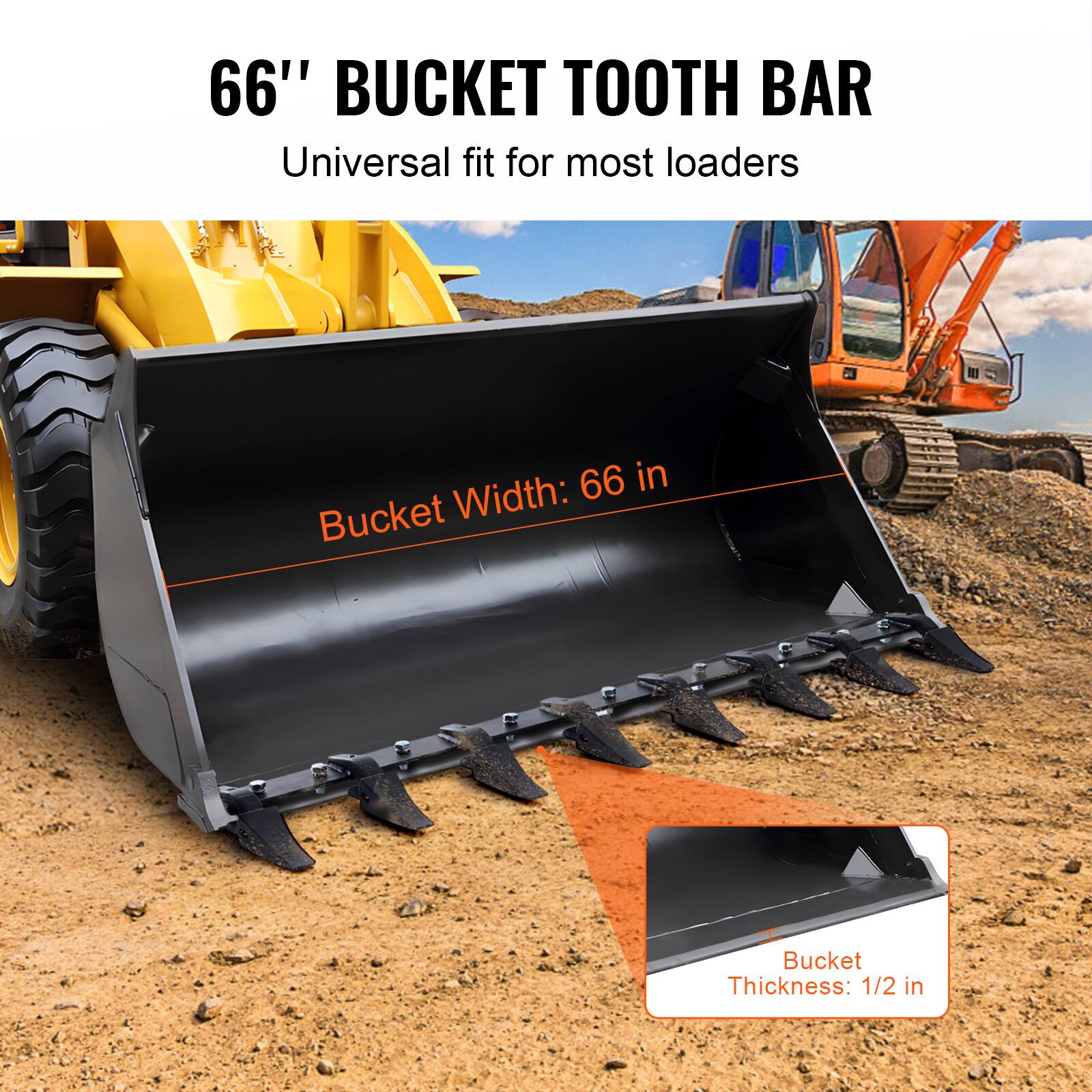 66" BUCKET TOOTH BAR  
Universal fit for most loaders  

Bucket Width: 66 in  
Bucket Thickness: 1/2 in