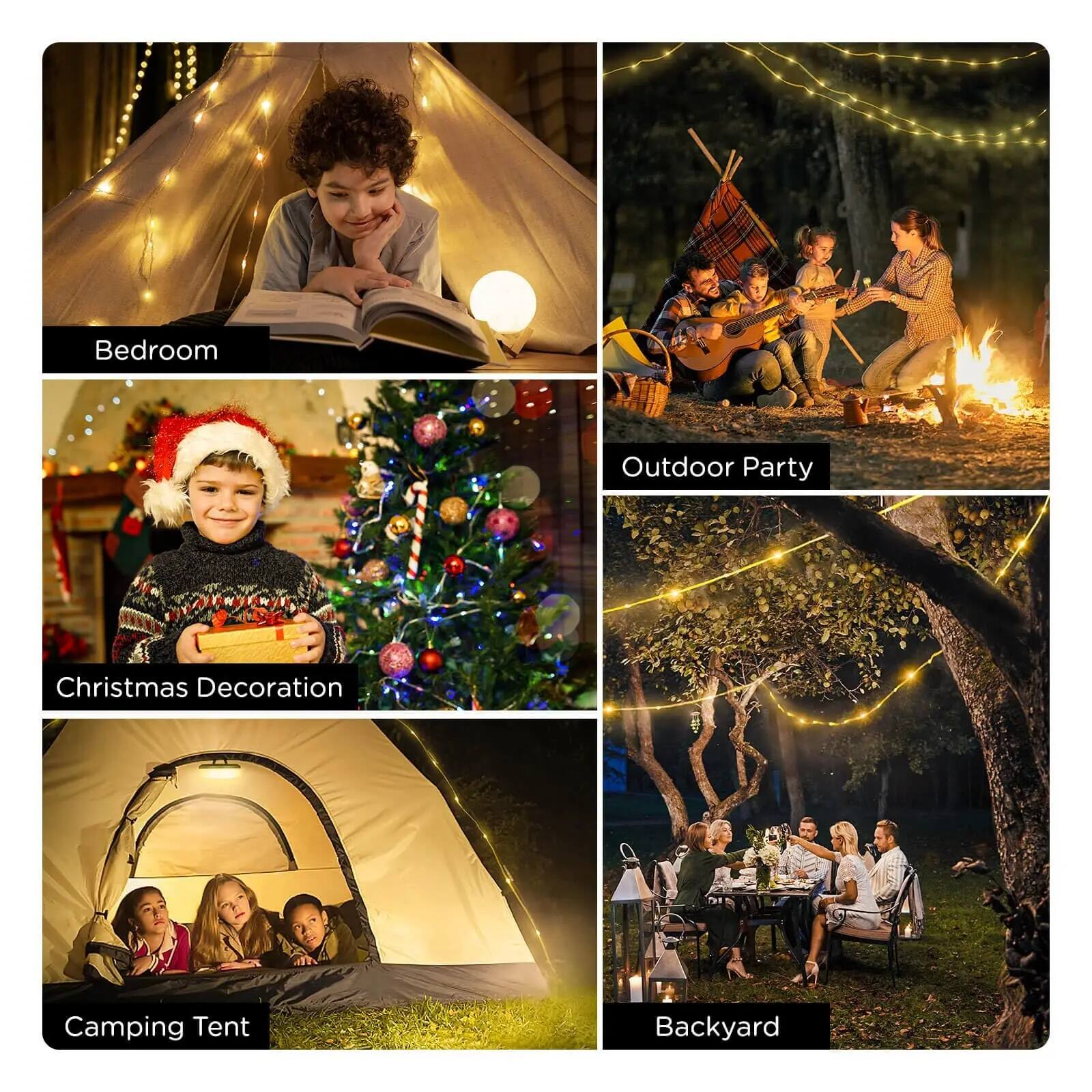 Bedroom  
Outdoor Party  
Christmas Decoration  
Camping Tent  
Backyard