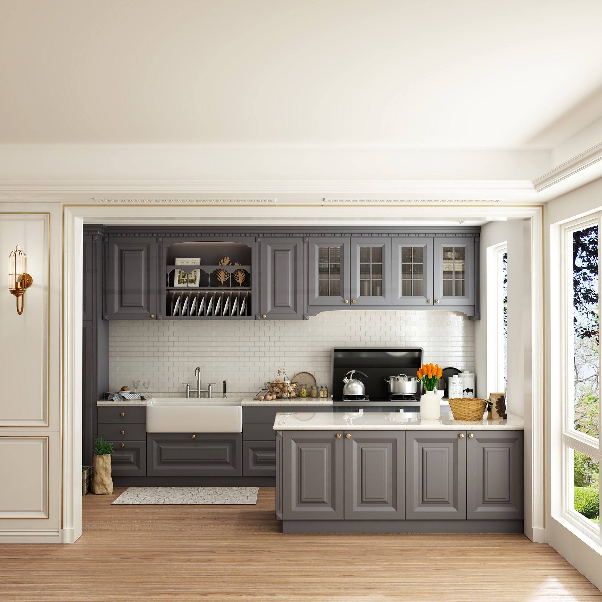 Alt View 10. Boyel Living - Double Handle 360 Degrees Rotation Bridge Kitchen Faucet with Pull-Out Side Sprayer, Ceramic Cartridge - Brushed Nickel.