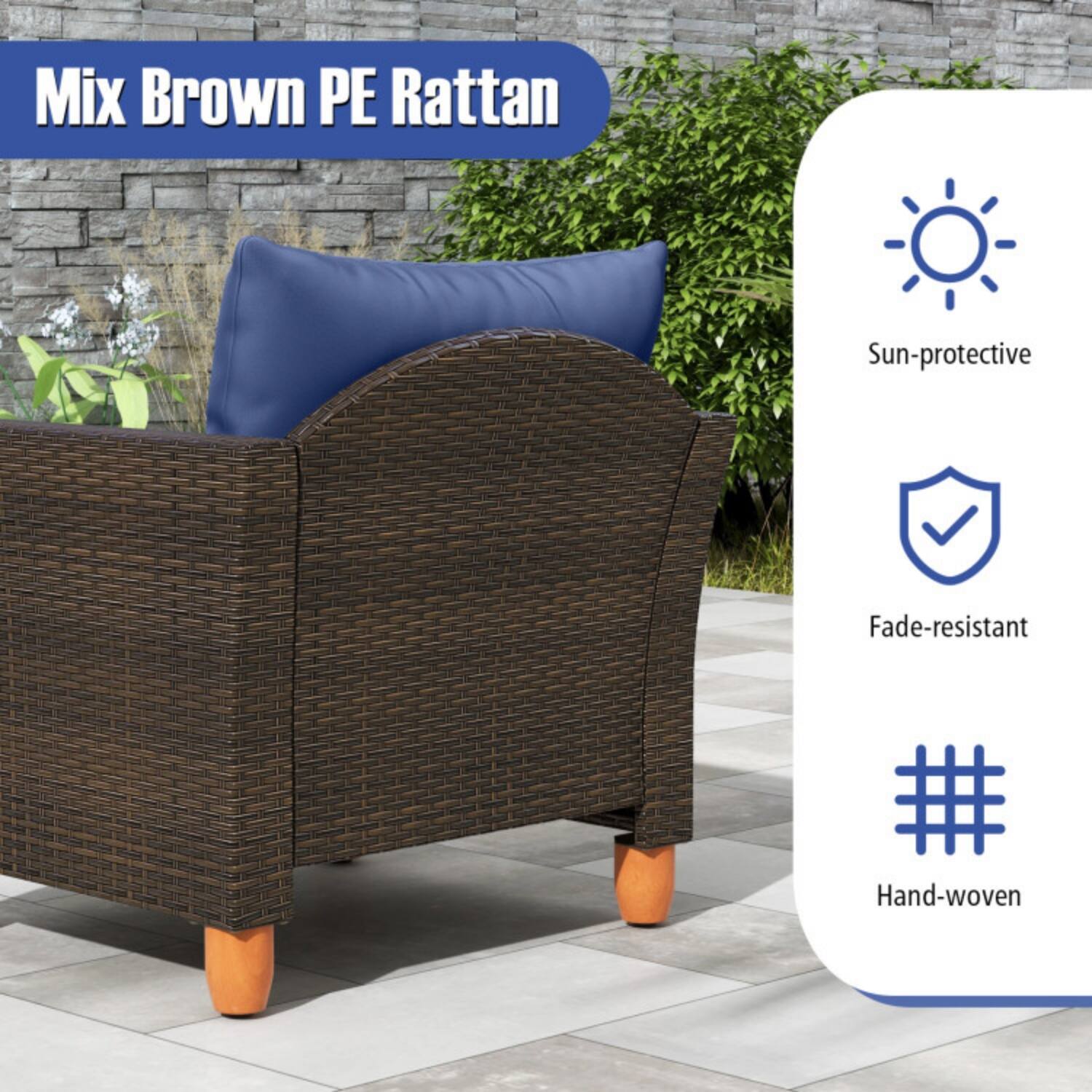 Mix Brown PE Rattan  
- Sun-protective  
- Fade-resistant  
- Hand-woven