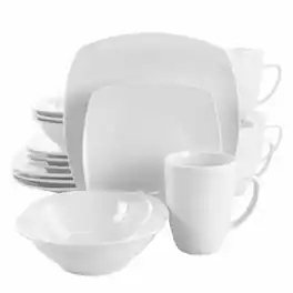 Elama - Bishop 16 Piece Soft Square Porcelain Dinnerware Set - White