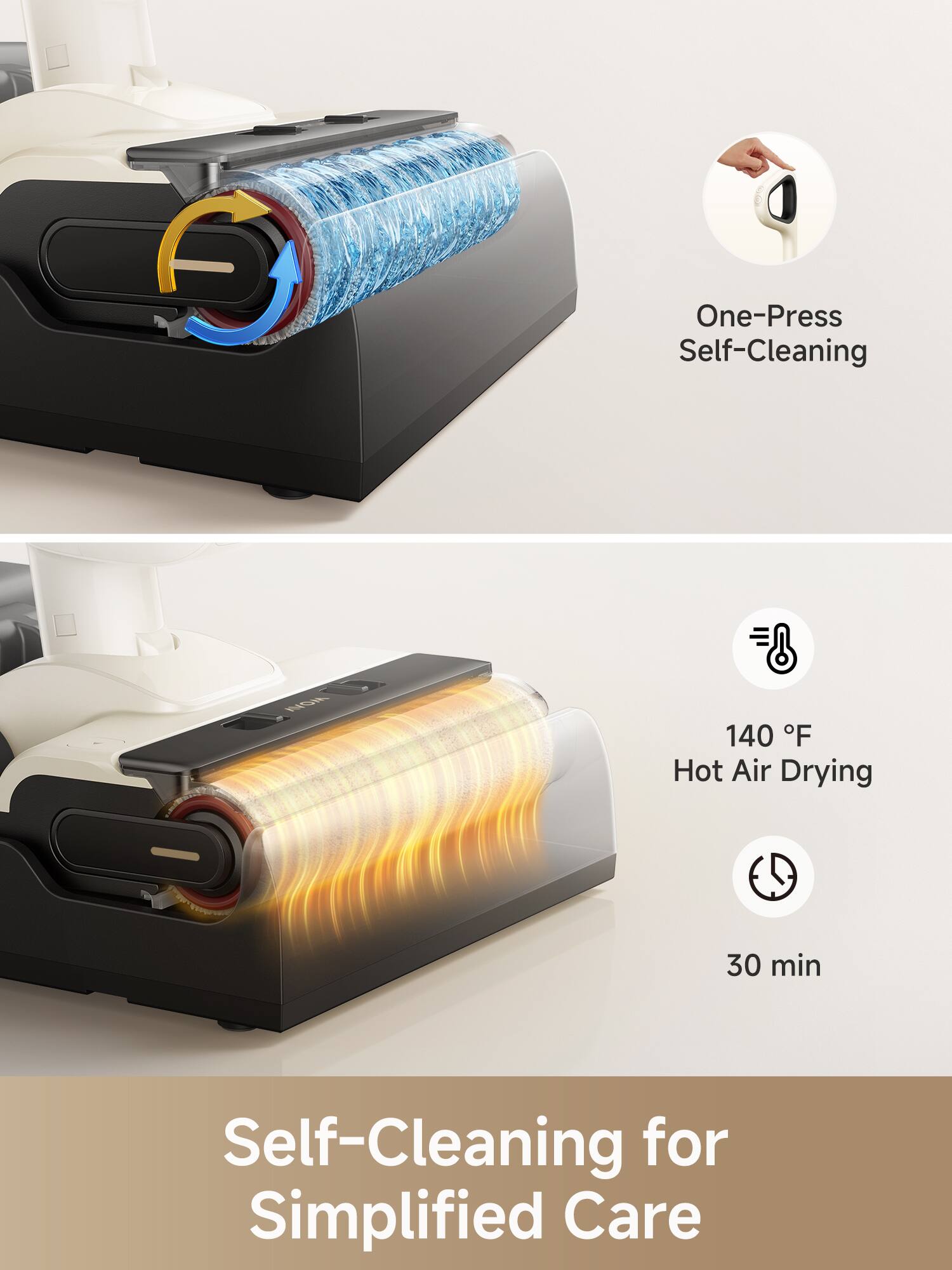 One-Press Self-Cleaning, 140 F Hot Air Drying, 30 min, Self-Cleaning for Simplified Care