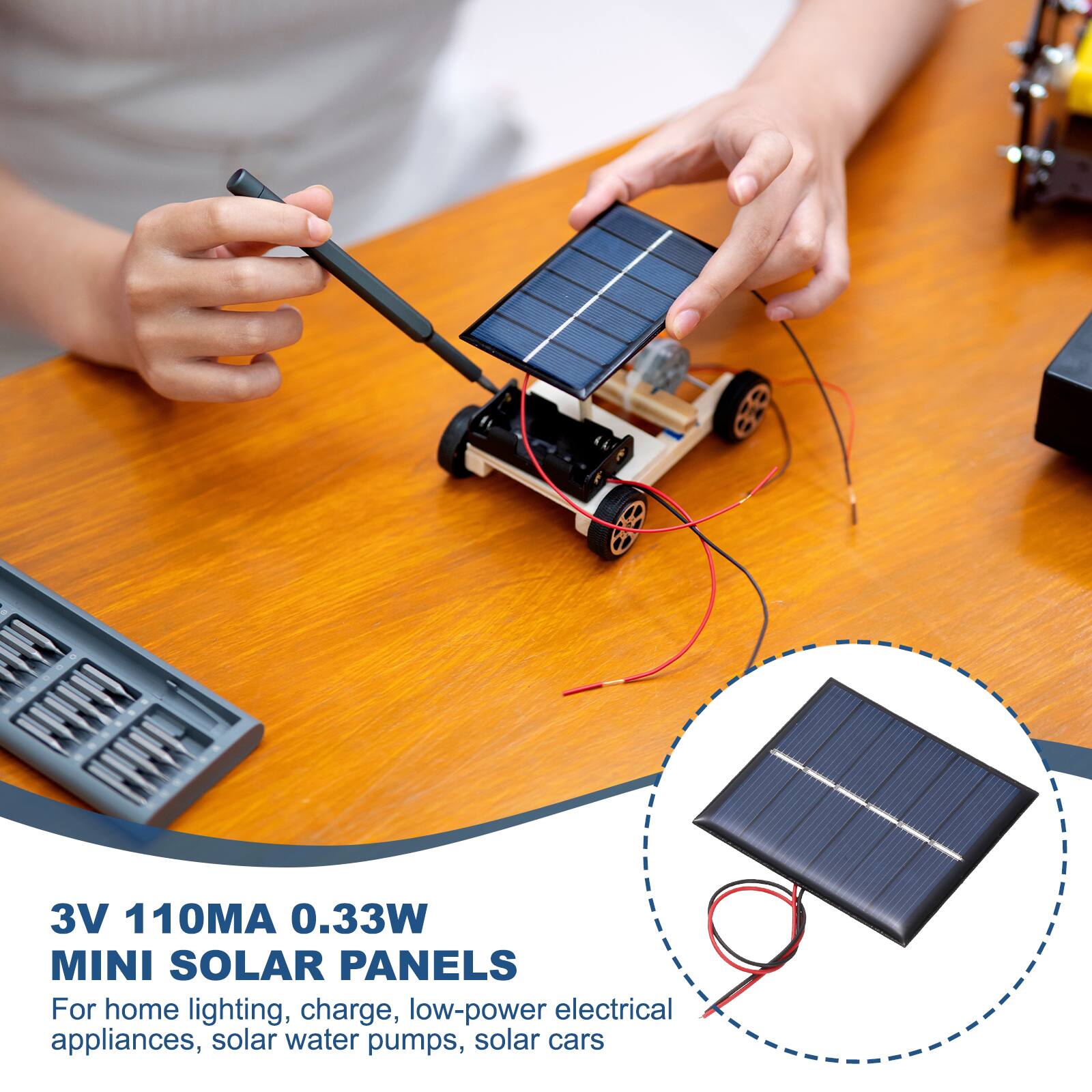 3V 110MA 0.33W MINI SOLAR PANELS

For home lighting, charge, low-power electrical appliances, solar water pumps, solar cars