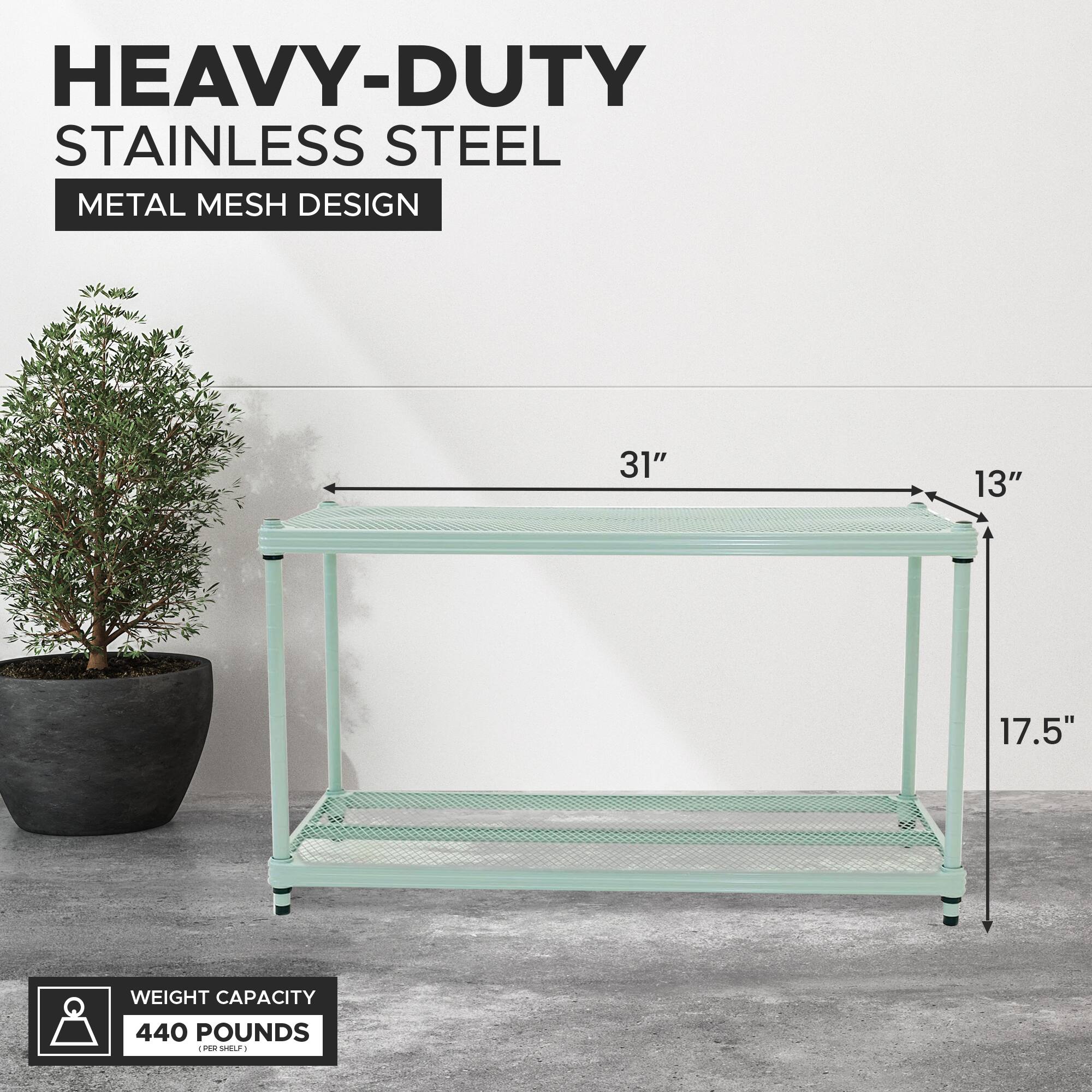 HEAVY-DUTY STAINLESS STEEL METAL MESH DESIGN  
31" x 13" x 17.5"  
WEIGHT CAPACITY: 440 POUNDS (PER SHELF)