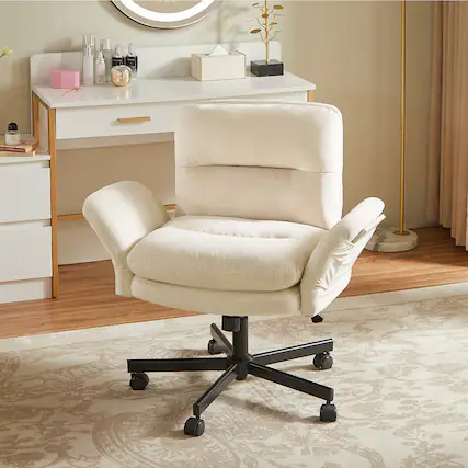 Front. Bestier - Ergonomic Cross-Legged Office Chair with Flip-Up Arms, Swivel Wheels & Adjustable Backrest for Computer Office Desk - Off White Suede.