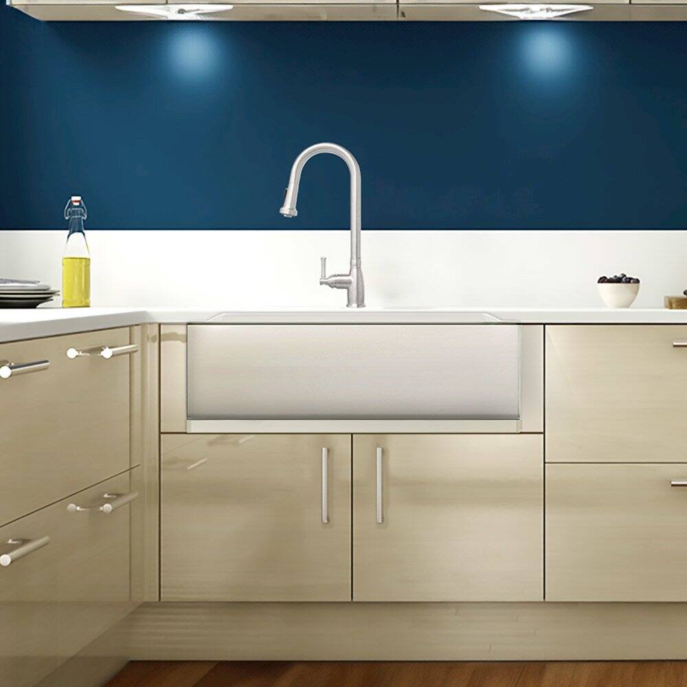 Left. Whitehaus - Brushed Stainless Steel Commercial Single Bowl Front Apron Sink - Silver.