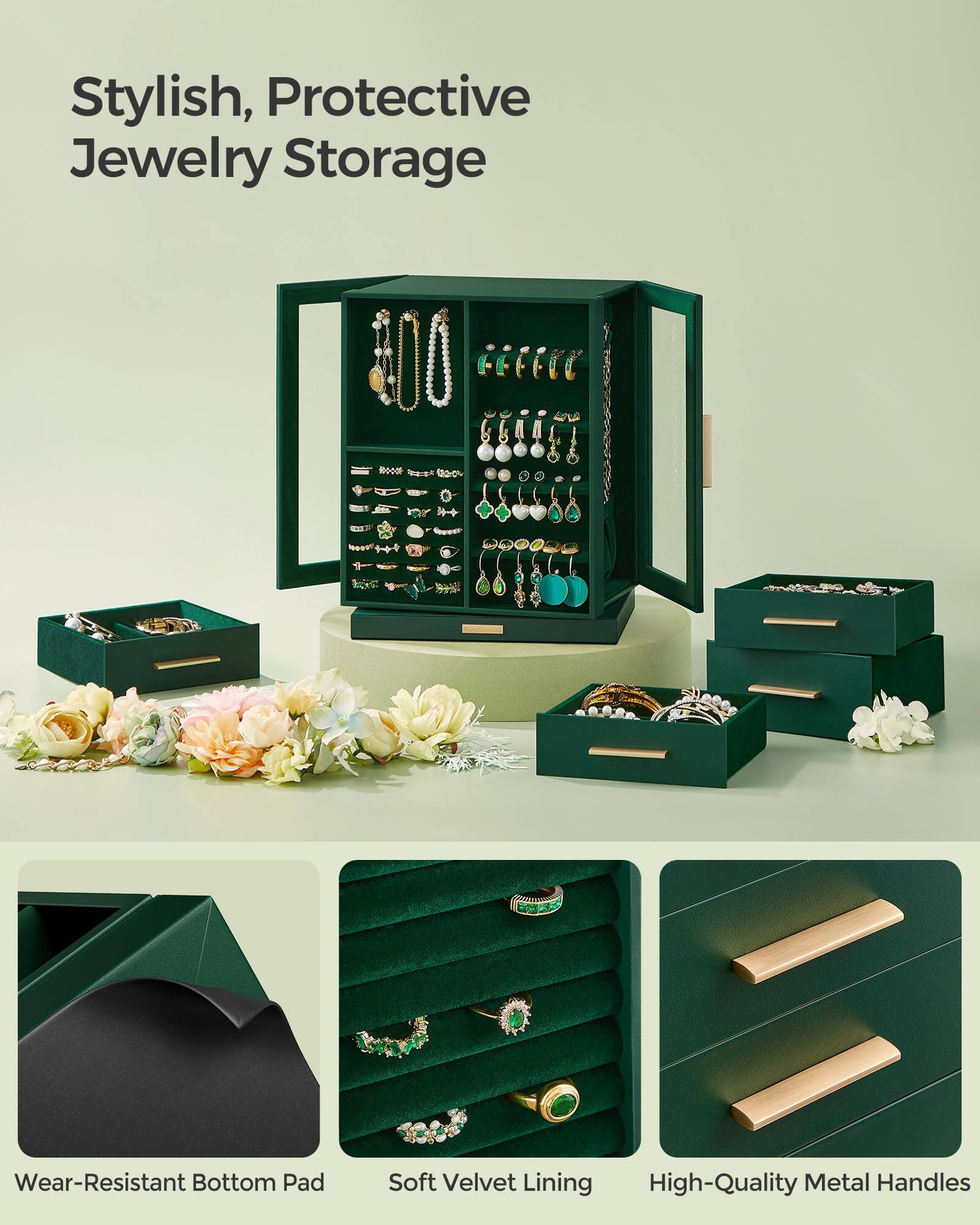 Stylish, Protective Jewelry Storage

- Wear-Resistant Bottom Pad
- Soft Velvet Lining
- High-Quality Metal Handles