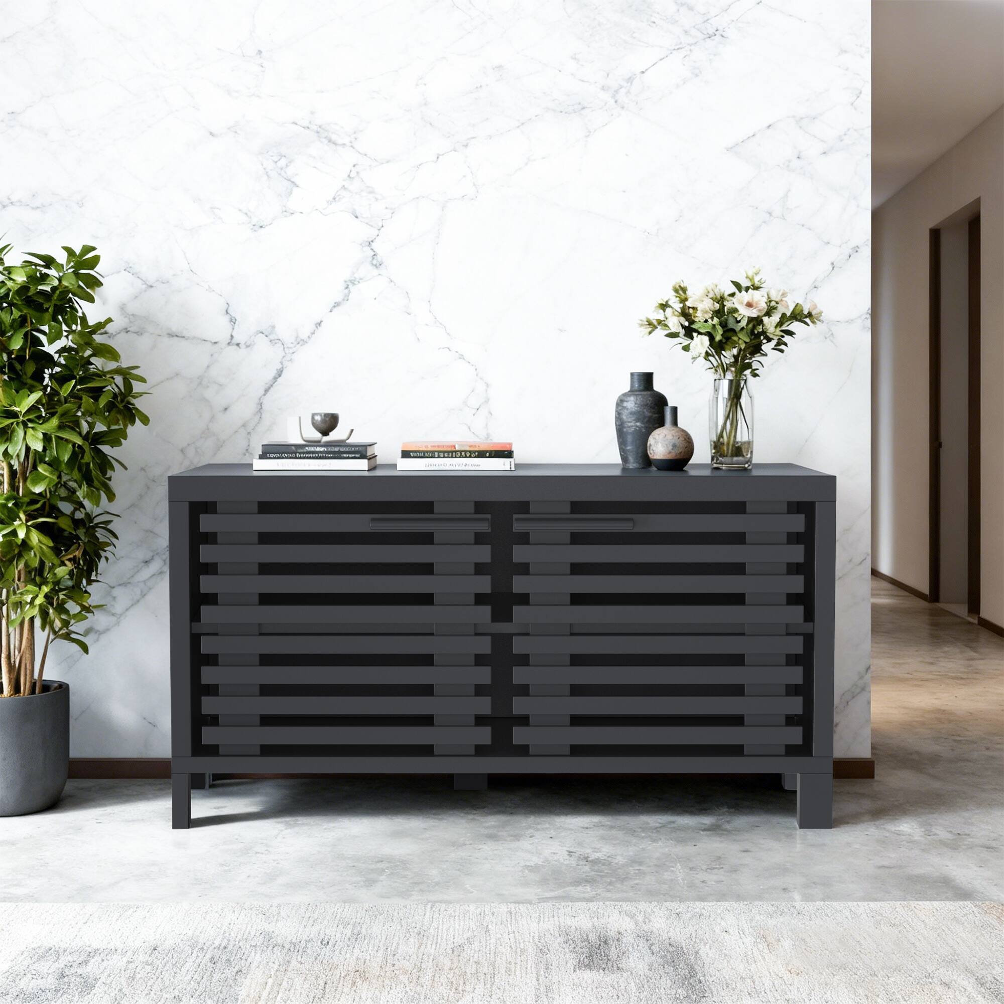 Left. Ihomeadore - 38-inch Modern  Black TV Stand Media Storage Cabinet with Two Shelves and Gate Door for TVs up to 32'' - Black.