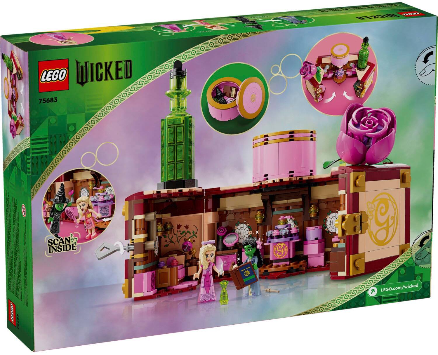 "LEGO Wicked" is a product that comes in a box, which contains a set of toys. The box is green and pink, and it has a picture of a green bottle on it. The product is designed for children and can be found at lego.com/wicked.
