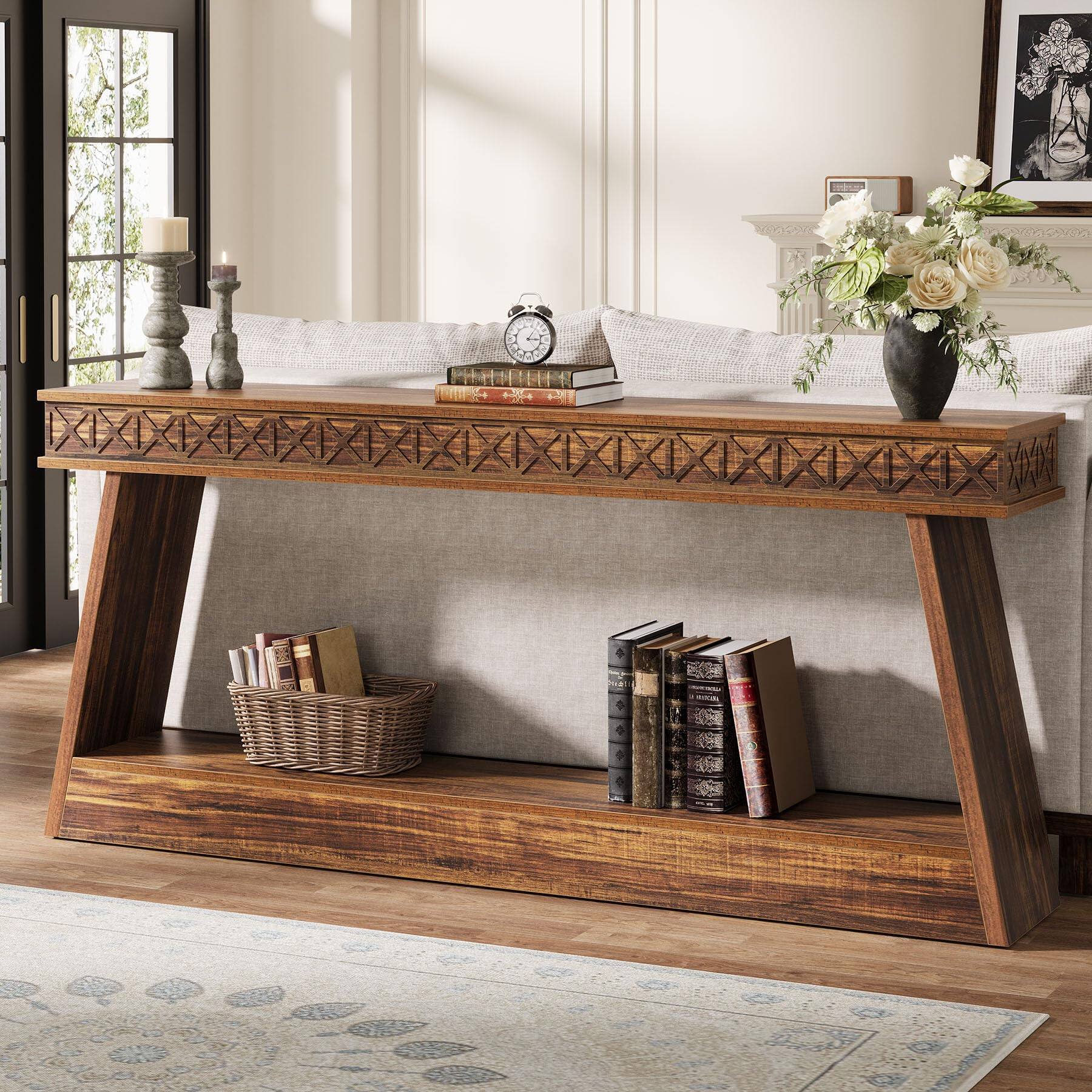 Back. Tribesigns - 70.9-Inch Farmhouse TV Stand with 2 Open Storage Shelves and Curved Frame for TVs up to 80 Inches - Dark Brown.