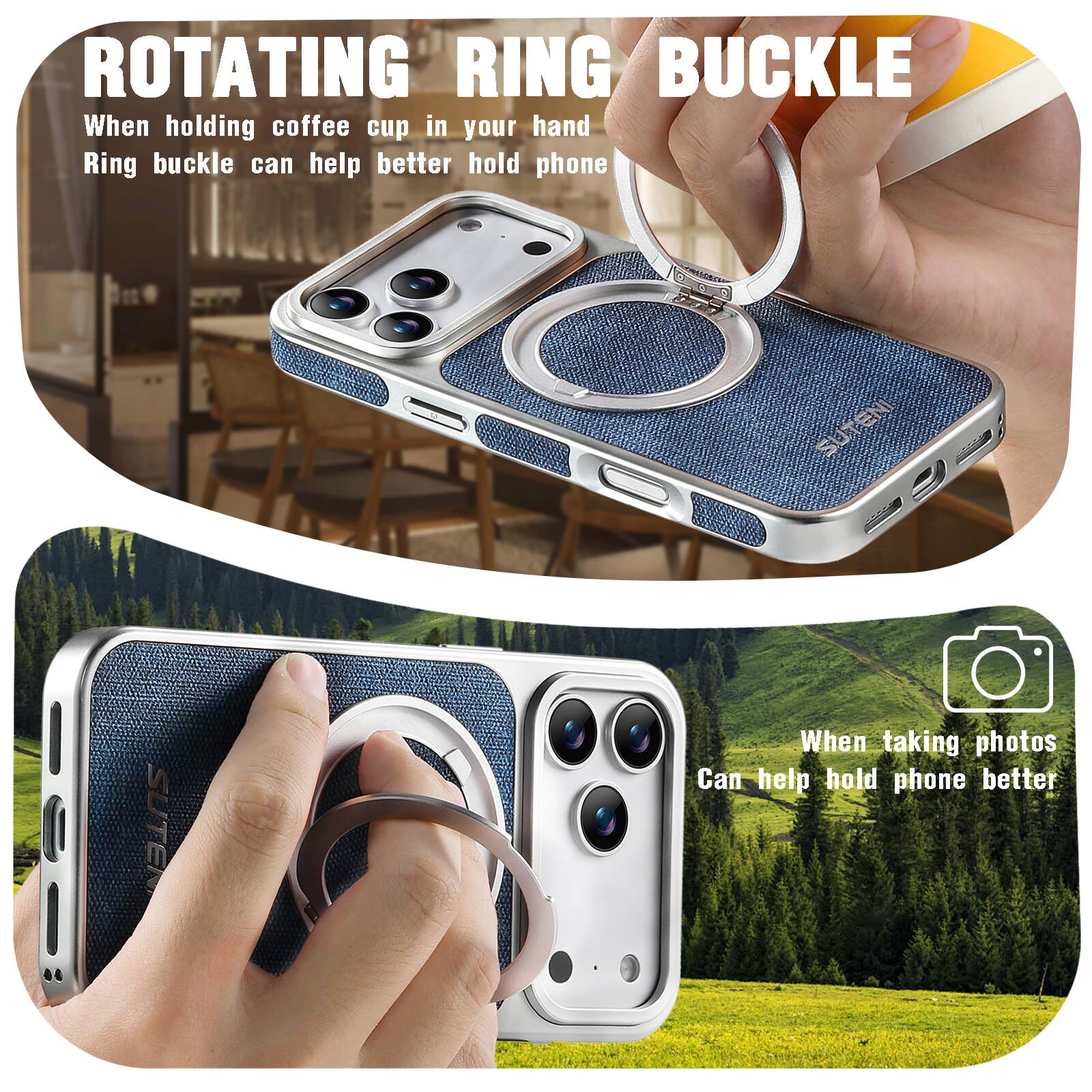 ROTATING RING BUCKLE

When holding coffee cup in your hand
Ring buckle can help better hold phone

When taking photos
Can help hold phone better