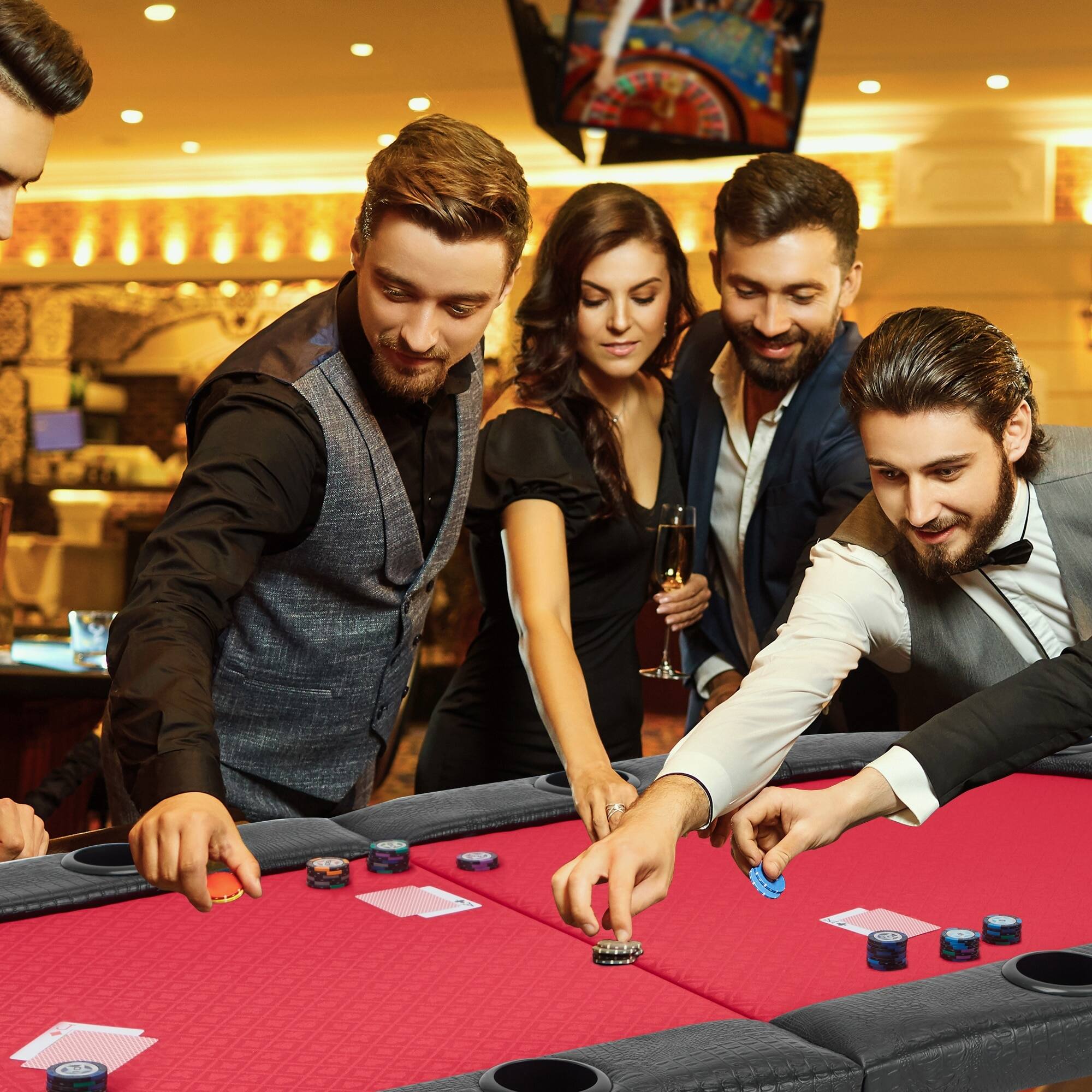 Front. U-HOMY - Foldable 72" Oval Poker Table for 8 Players with Cup Holders and Casino-Grade Felt Surface.
